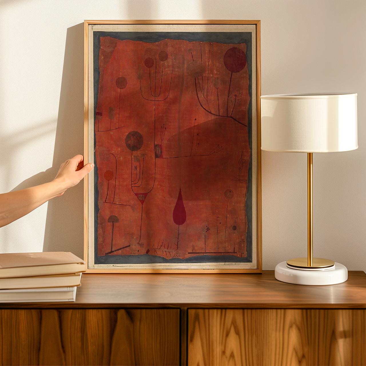 Paul Klee, Fruits on Red - abstract wall art, modern still life print, giclee canvas, Bauhaus decor, red contemporary po