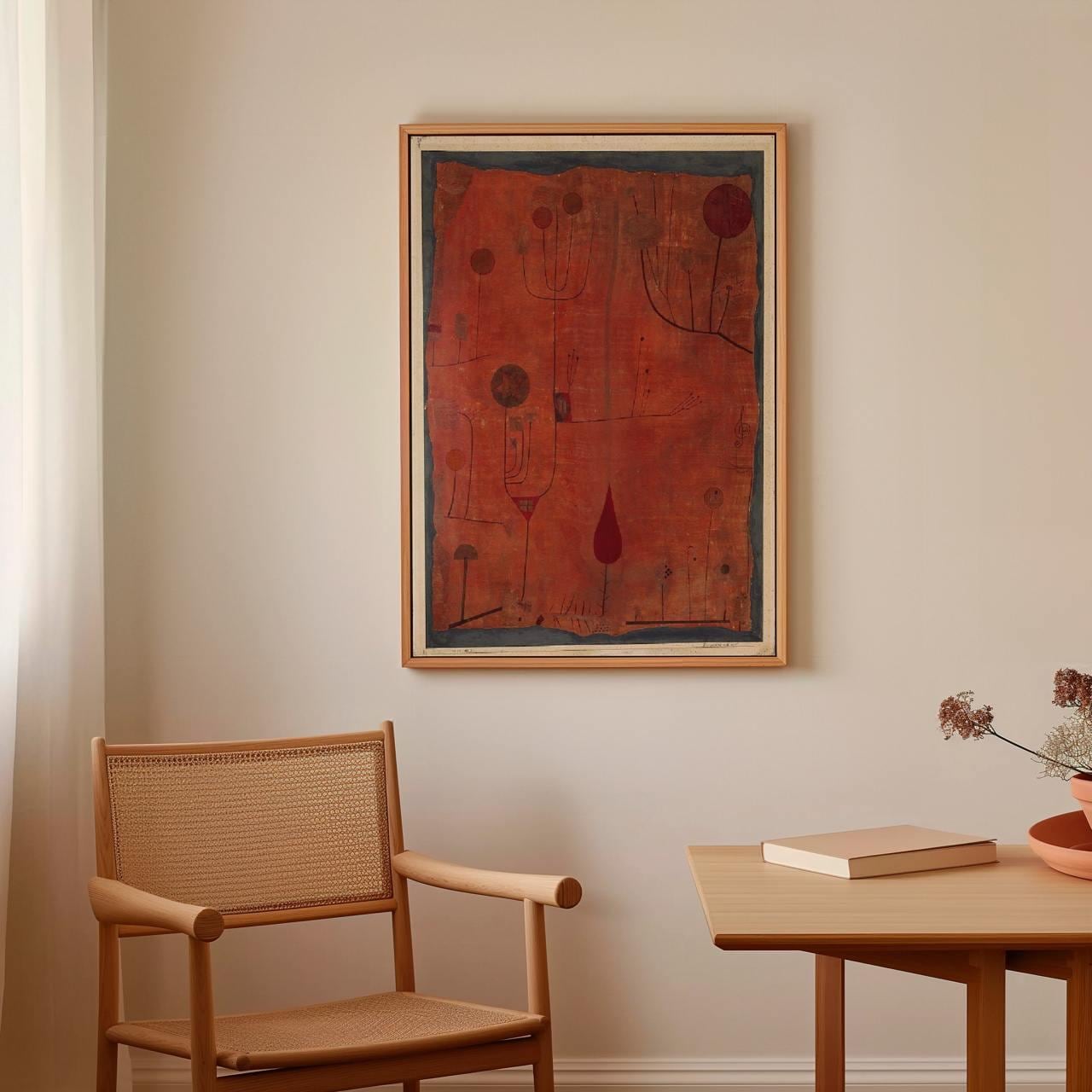 Paul Klee, Fruits on Red - abstract wall art, modern still life print, giclee canvas, Bauhaus decor, red contemporary po