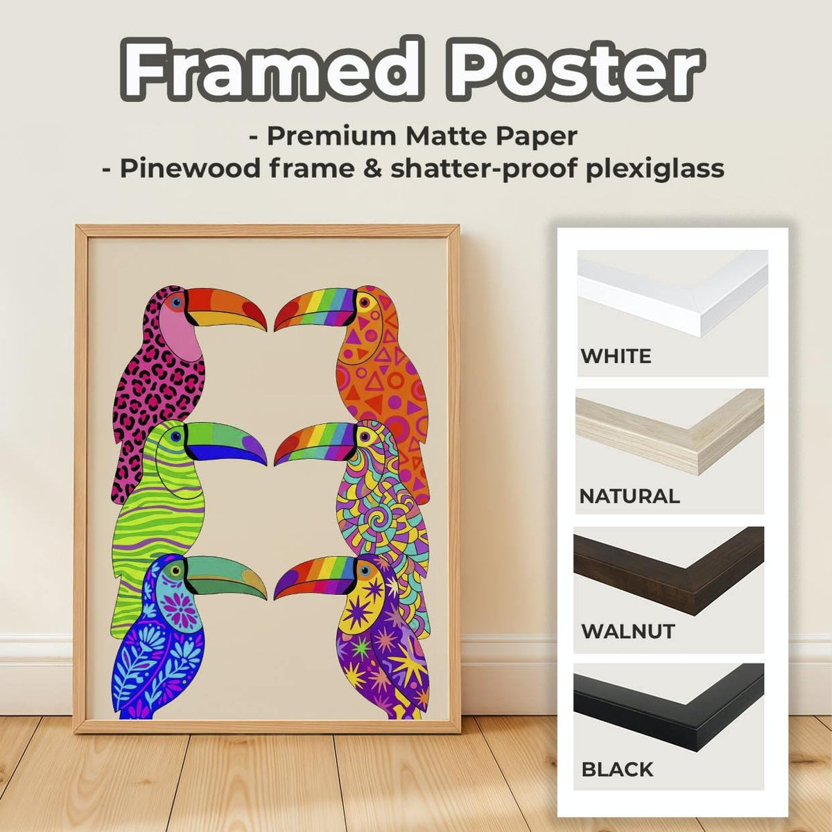 Dopamine Toucan Wall Art, Framed Colorful Canvas Print, Vibrant Abstract Toucan Painting, Playful Tropical Decor, ART314