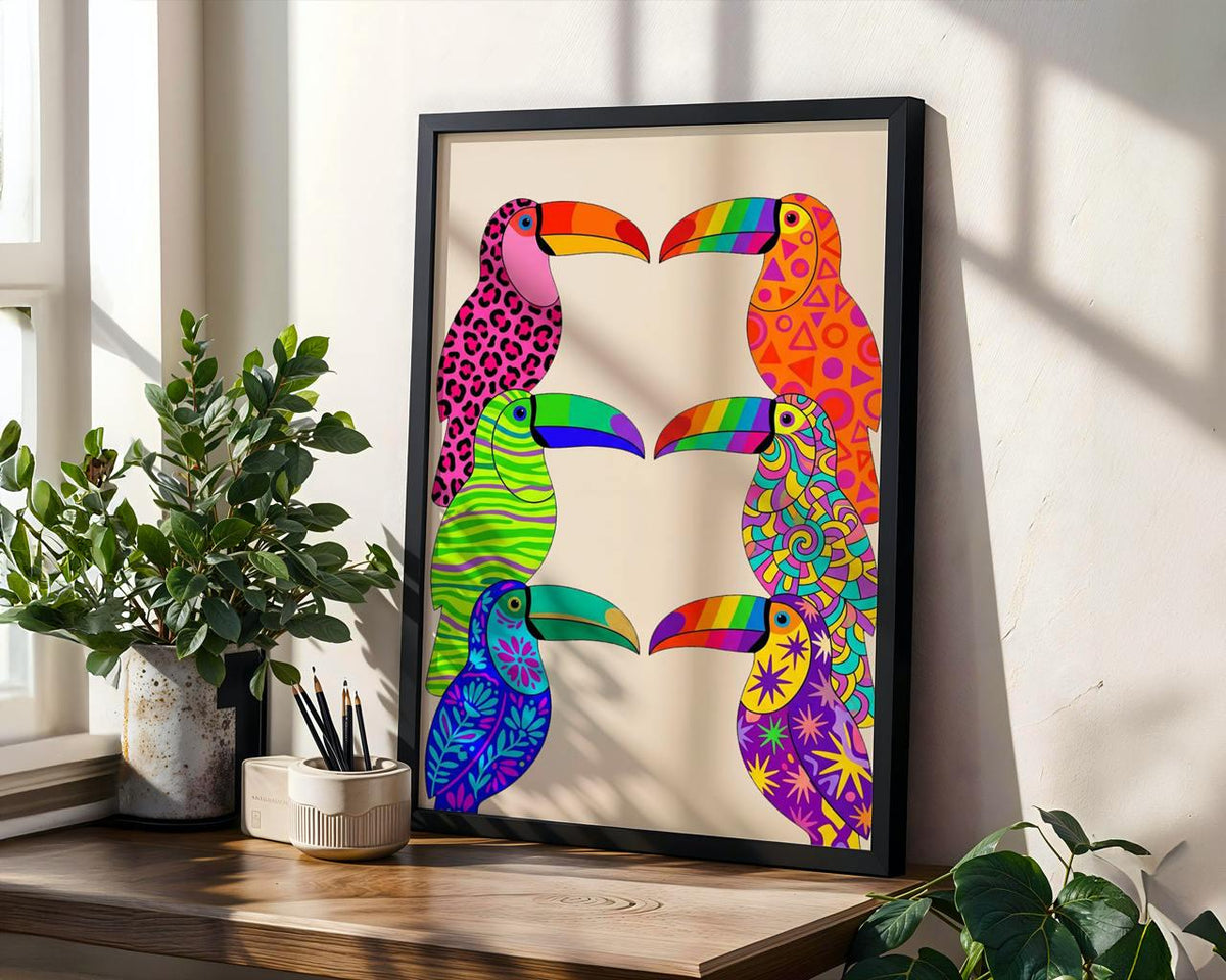 Dopamine Toucan Wall Art, Framed Colorful Canvas Print, Vibrant Abstract Toucan Painting, Playful Tropical Decor, ART314