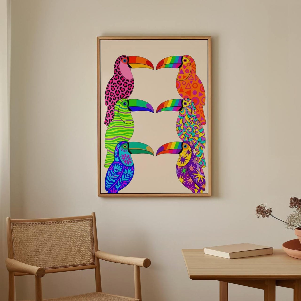 Dopamine Toucan Wall Art, Framed Colorful Canvas Print, Vibrant Abstract Toucan Painting, Playful Tropical Decor, ART314