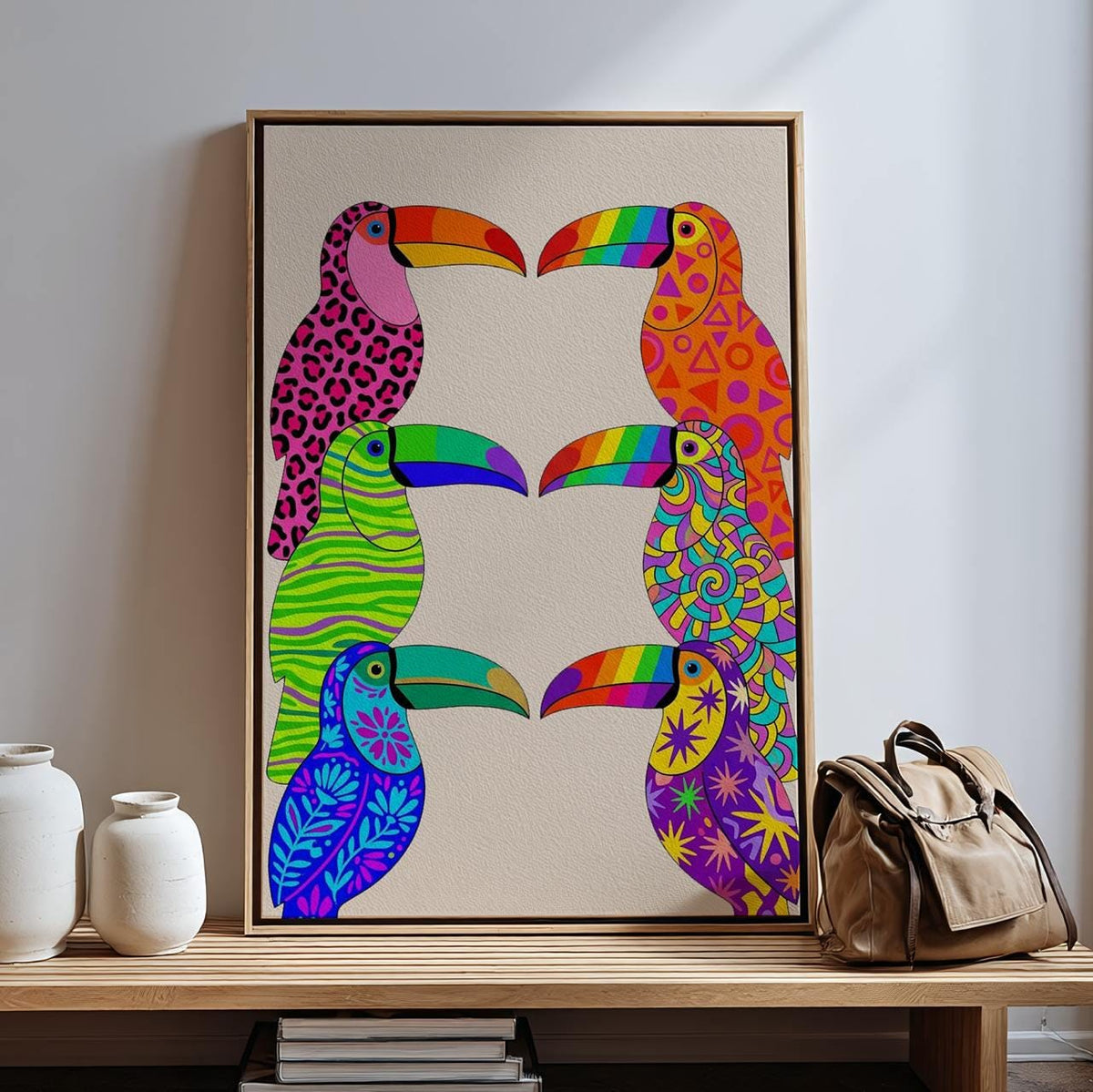 Dopamine Toucan Wall Art, Framed Colorful Canvas Print, Vibrant Abstract Toucan Painting, Playful Tropical Decor, ART314