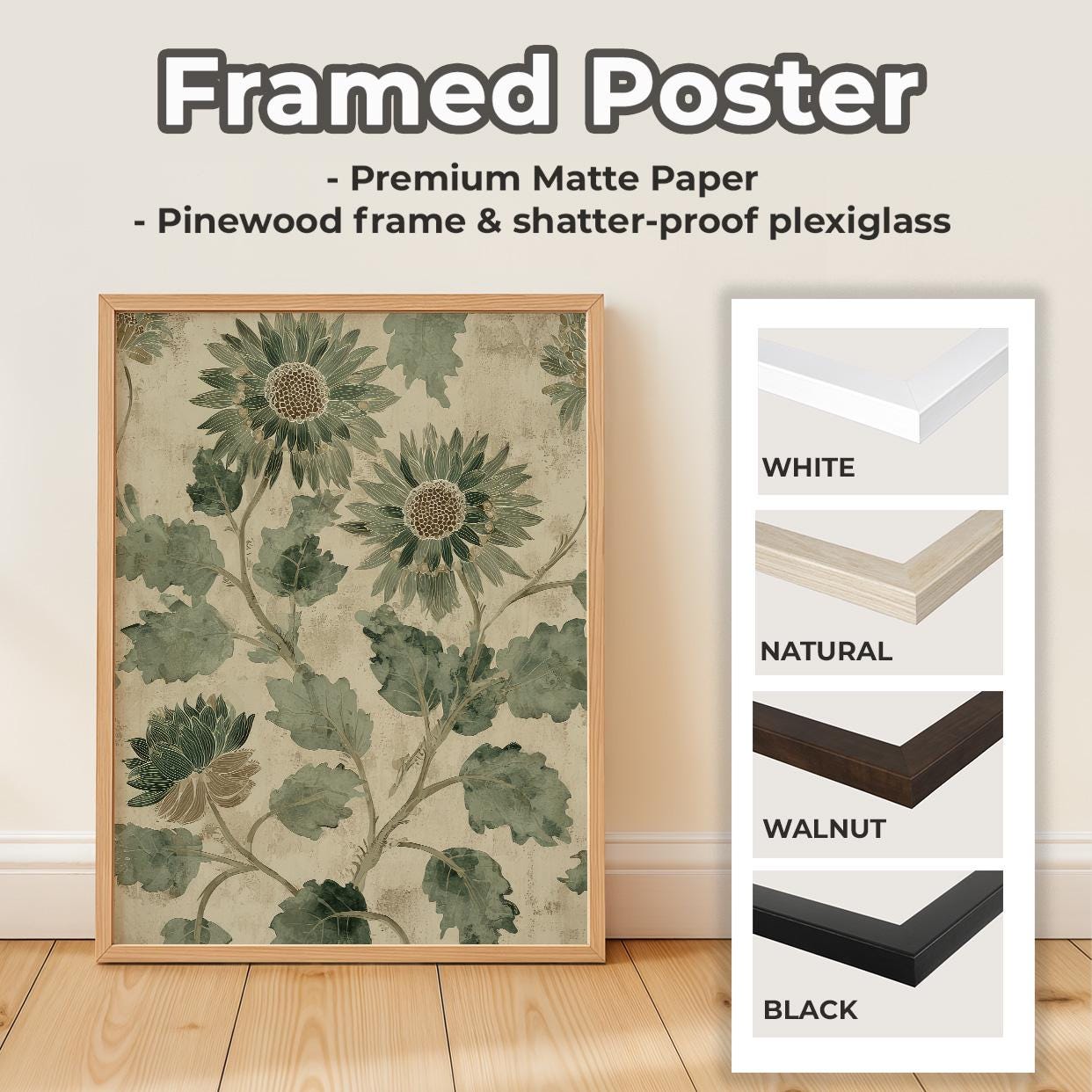 Pale Green Botanical Flowers Vintage Print - Large Framed Canvas Wall Art, Abstract Floral Decor for Living Room Decor, 