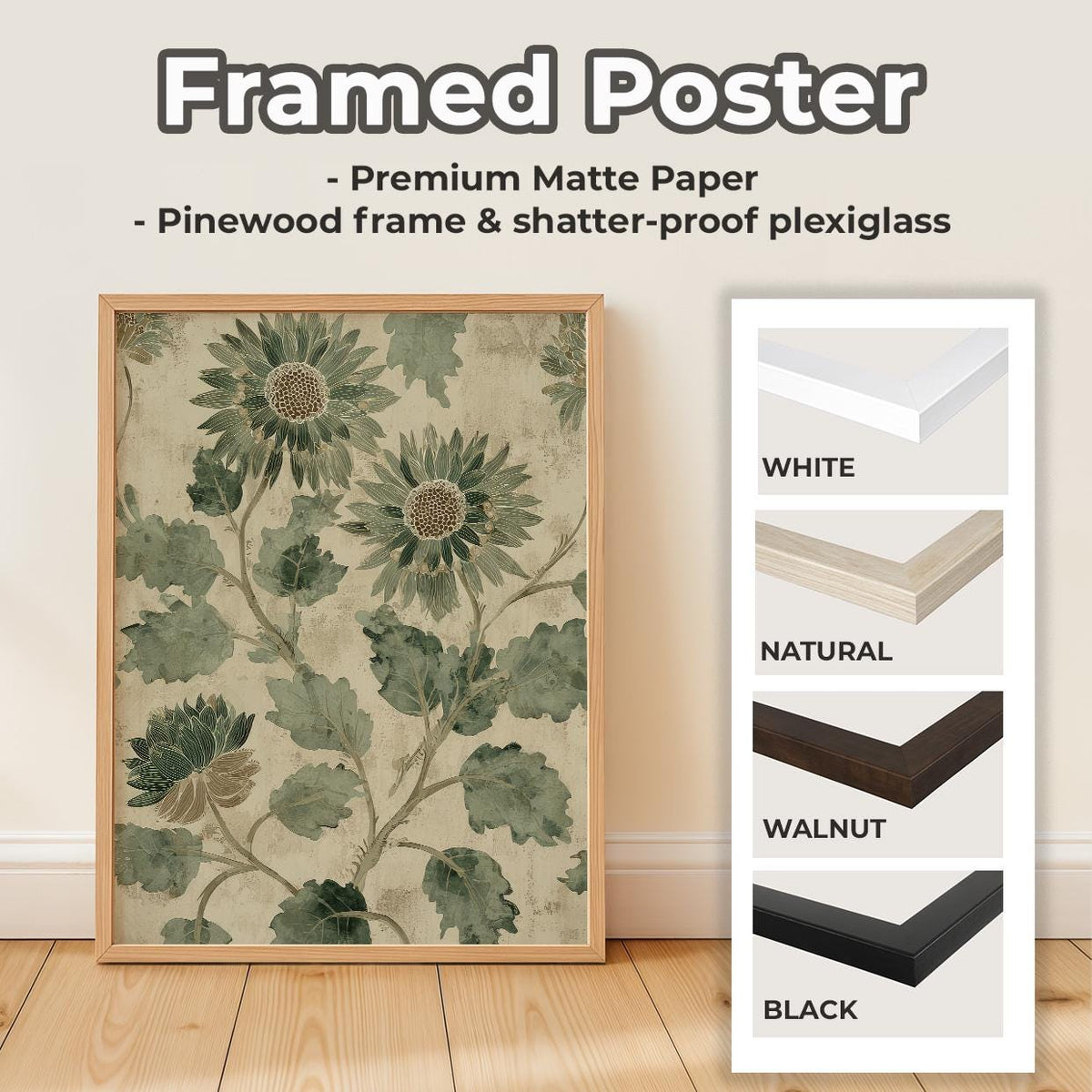 Pale Green Botanical Flowers Vintage Print - Large Framed Canvas Wall Art, Abstract Floral Decor for Living Room Decor, 