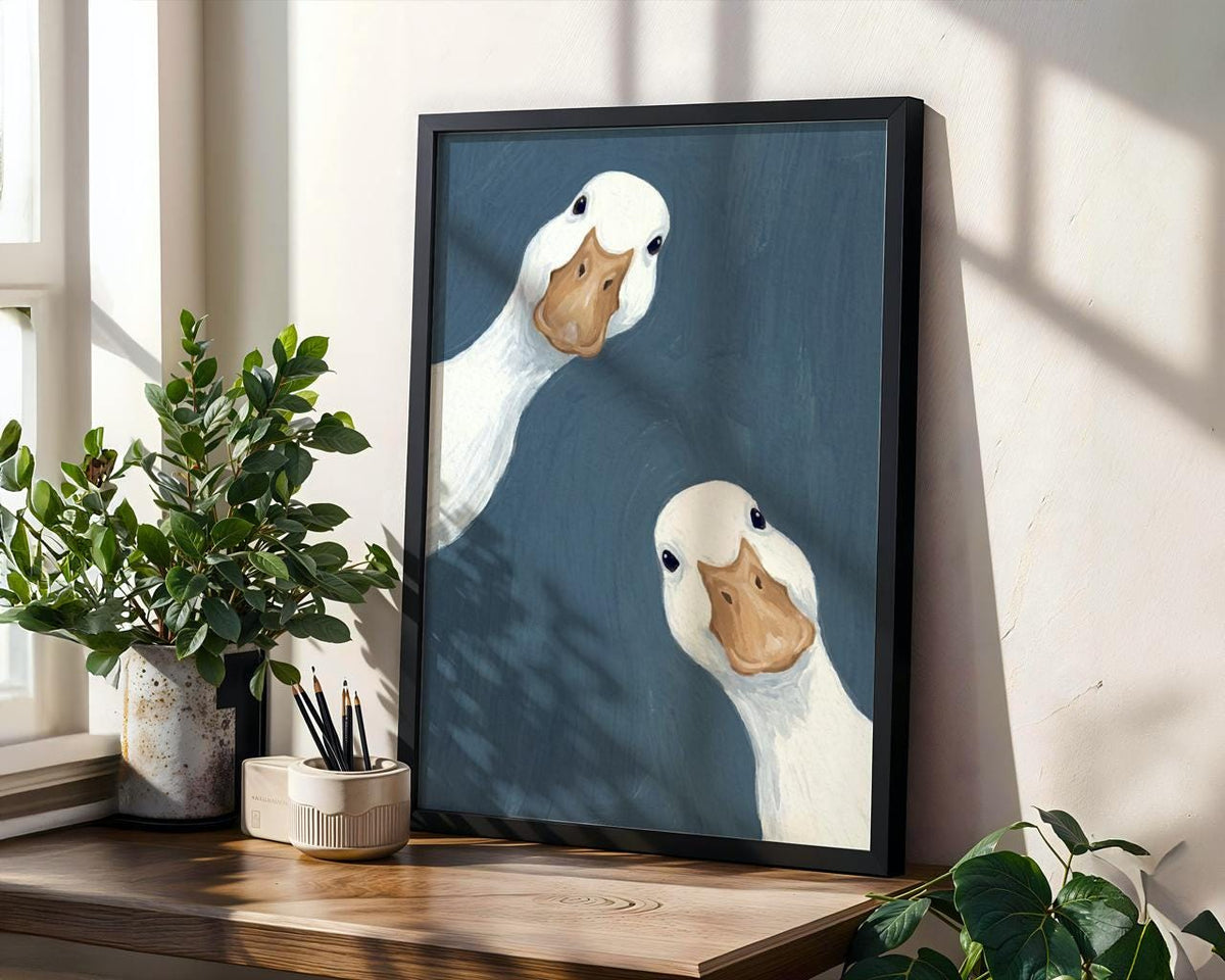 Goose Duo Poster, Minimalist Animal Wall Art, Funny Farmhouse Decor Print in Sage Blue, ART376