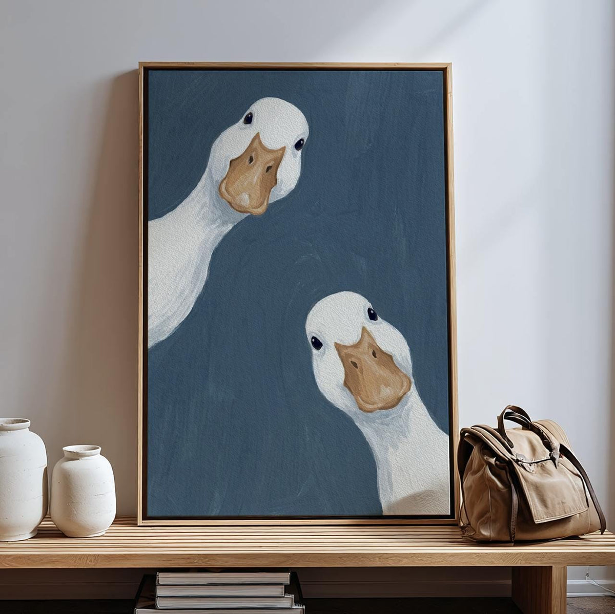 Goose Duo Poster, Minimalist Animal Wall Art, Funny Farmhouse Decor Print in Sage Blue, ART376