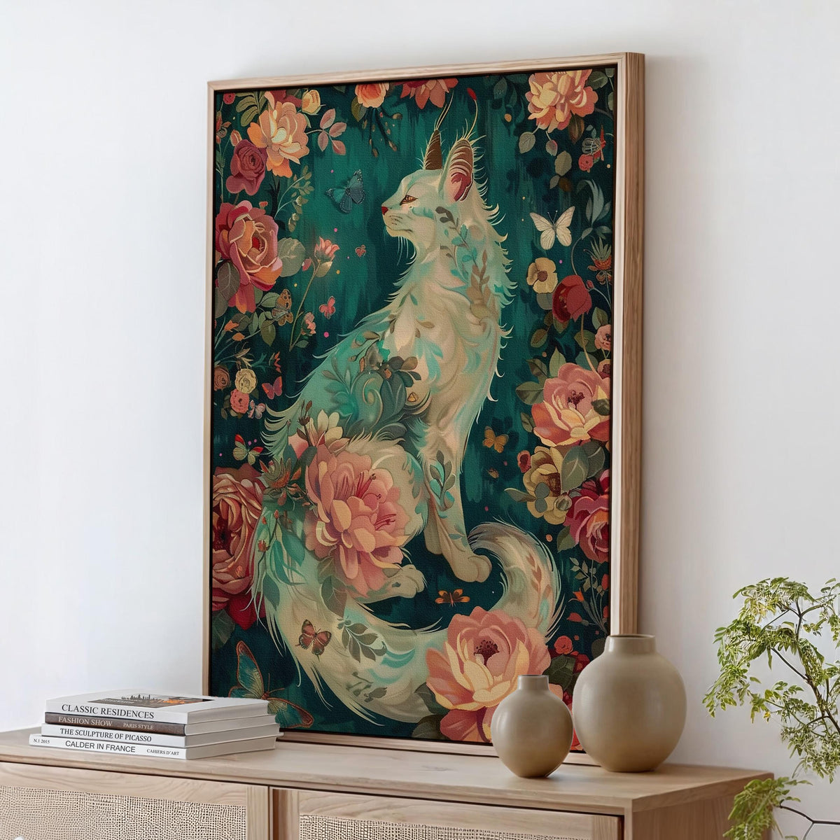 Cat in Flowers Wall Art, Fantasy Creature Print, Whimsical Feline Illustration, Magical Fairytale Nursery Decor, ART140