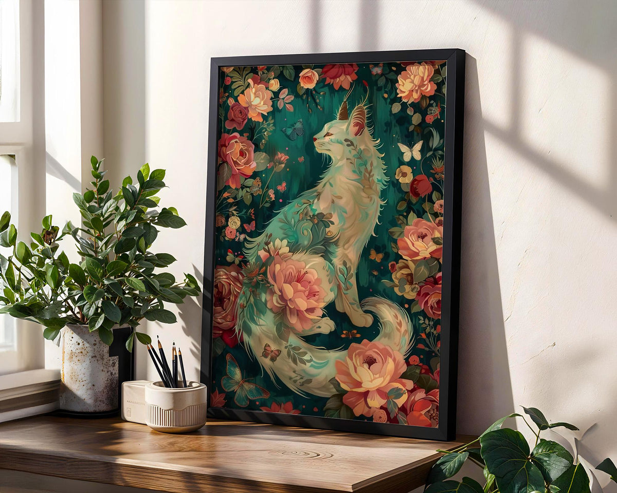 Cat in Flowers Wall Art, Fantasy Creature Print, Whimsical Feline Illustration, Magical Fairytale Nursery Decor, ART140
