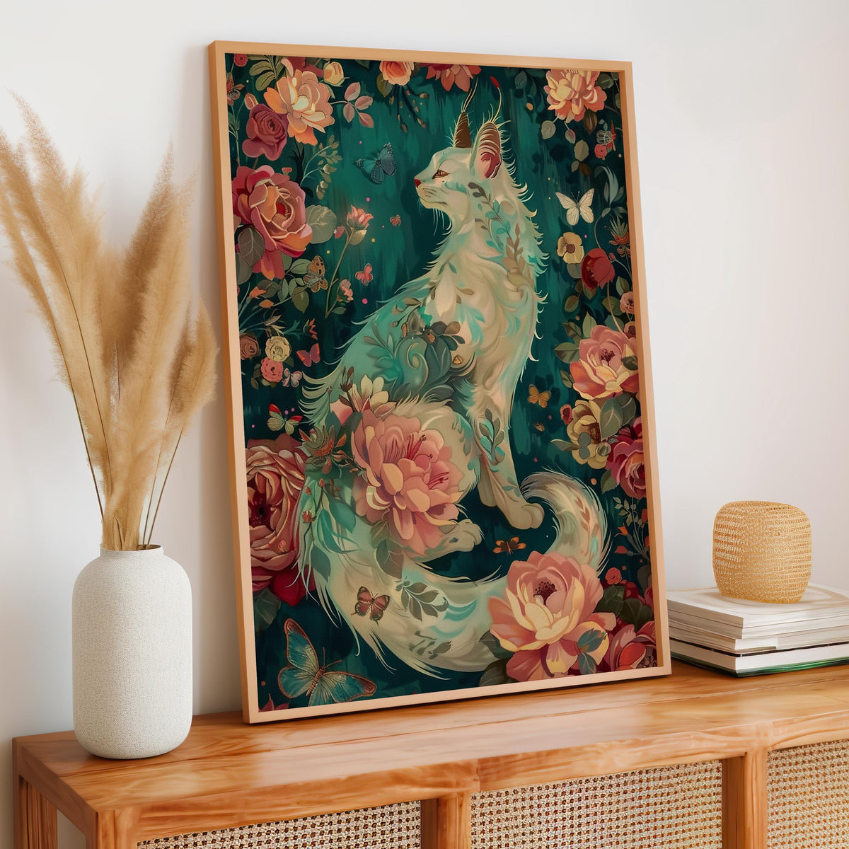 Cat in Flowers Wall Art, Fantasy Creature Print, Whimsical Feline Illustration, Magical Fairytale Nursery Decor, ART140