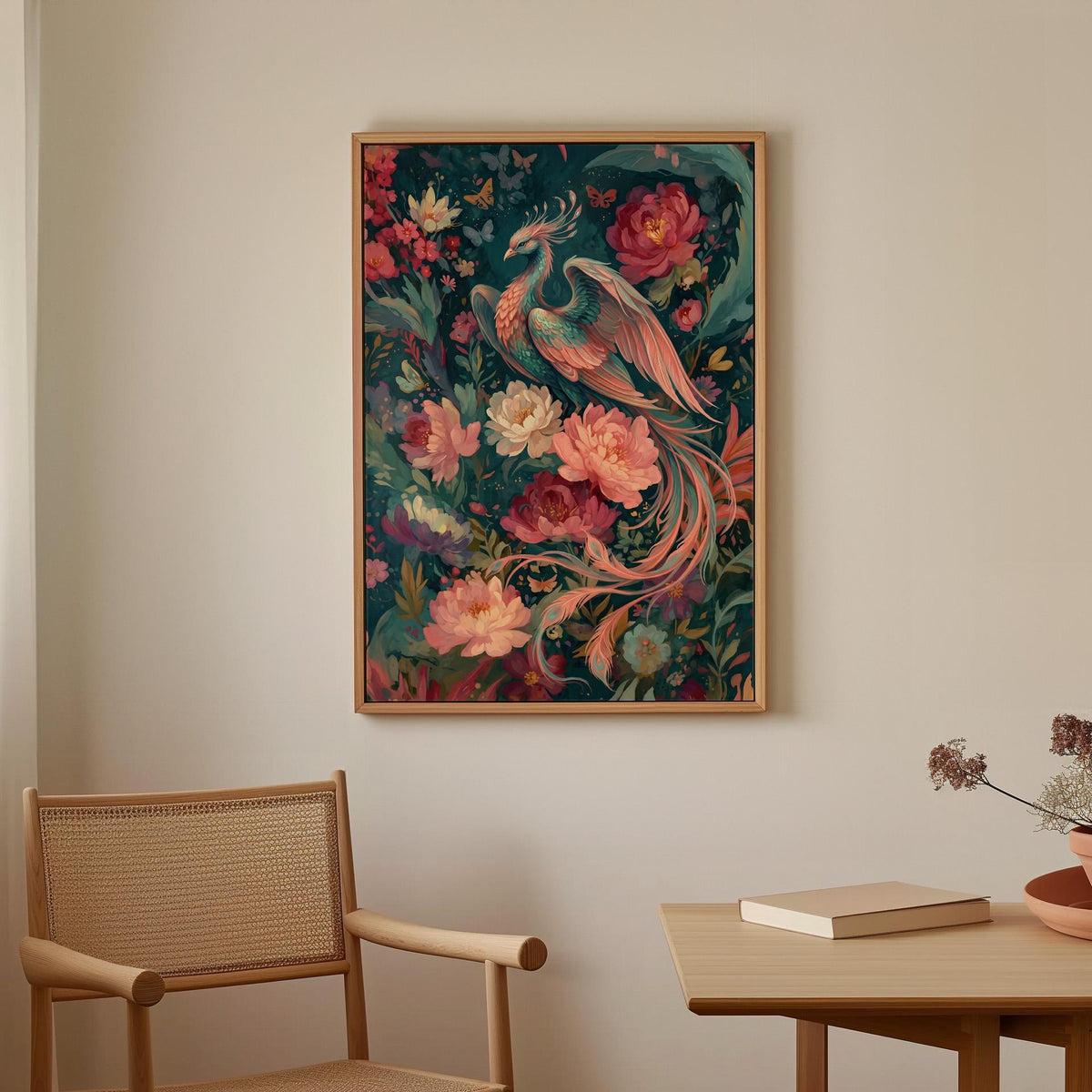 Floral Phoenix Wall Art, Fantasy Creature Print, Whimsical Phoenix in Flowers, Colorful Fairytale Illustration, Magical 