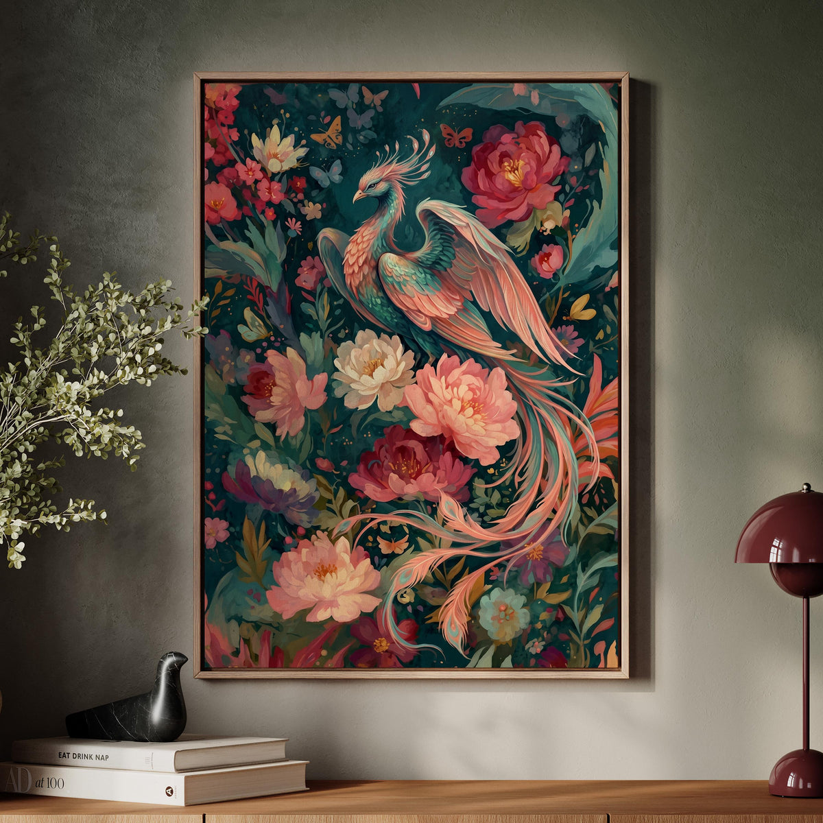 Floral Phoenix Wall Art, Fantasy Creature Print, Whimsical Phoenix in Flowers, Colorful Fairytale Illustration, Magical 