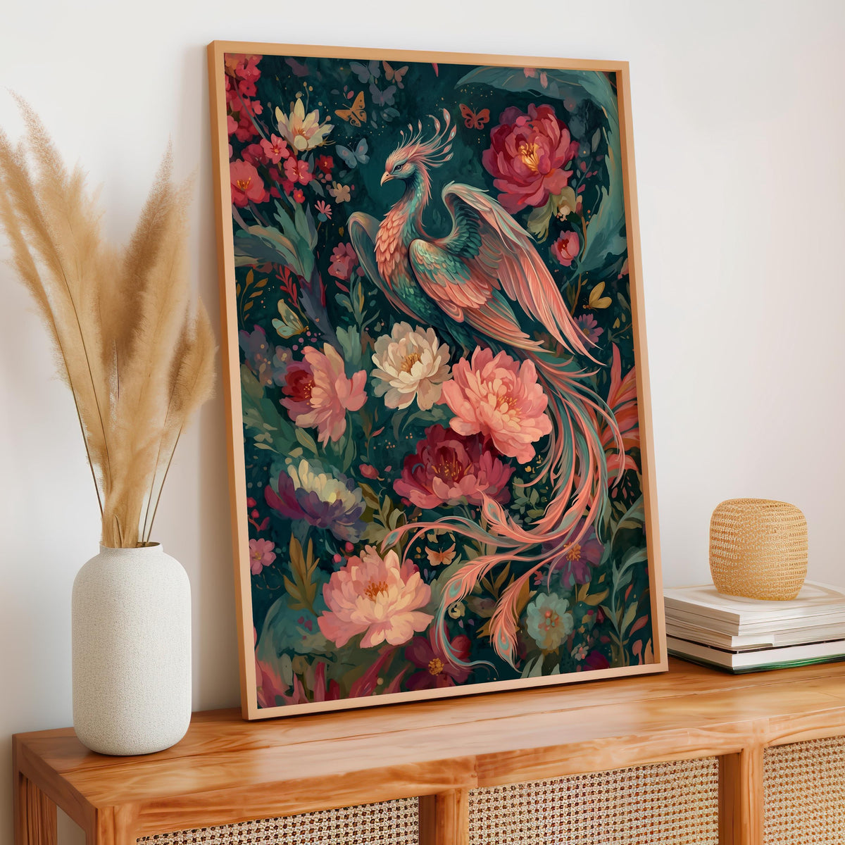 Floral Phoenix Wall Art, Fantasy Creature Print, Whimsical Phoenix in Flowers, Colorful Fairytale Illustration, Magical 