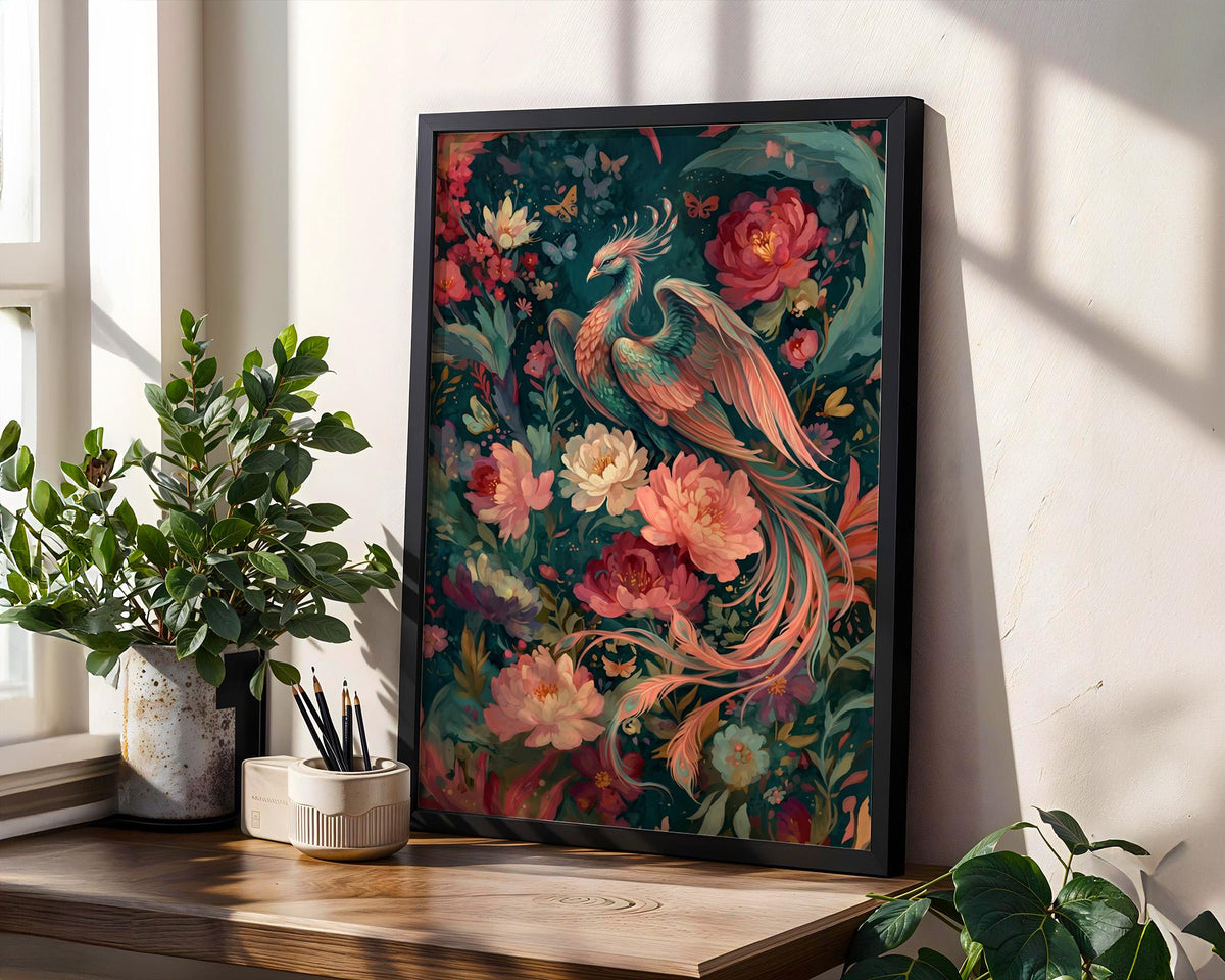 Floral Phoenix Wall Art, Fantasy Creature Print, Whimsical Phoenix in Flowers, Colorful Fairytale Illustration, Magical 