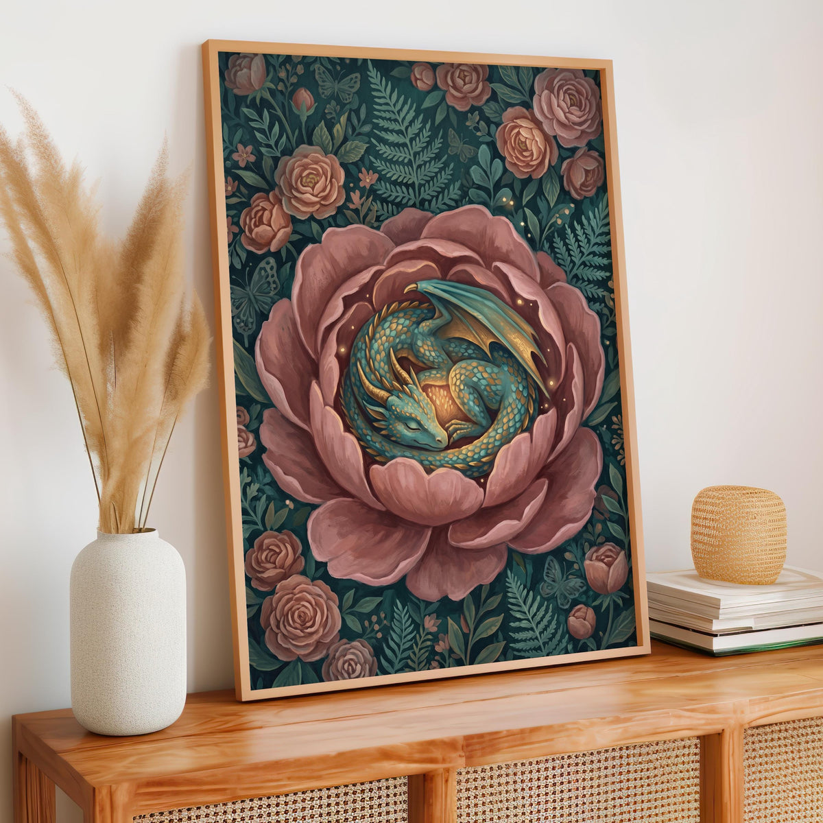Floral Dragon Wall Art, Fantasy Creature Print, Whimsical Dragon in Flowers, Colorful Fairytale Illustration, Magical Nu