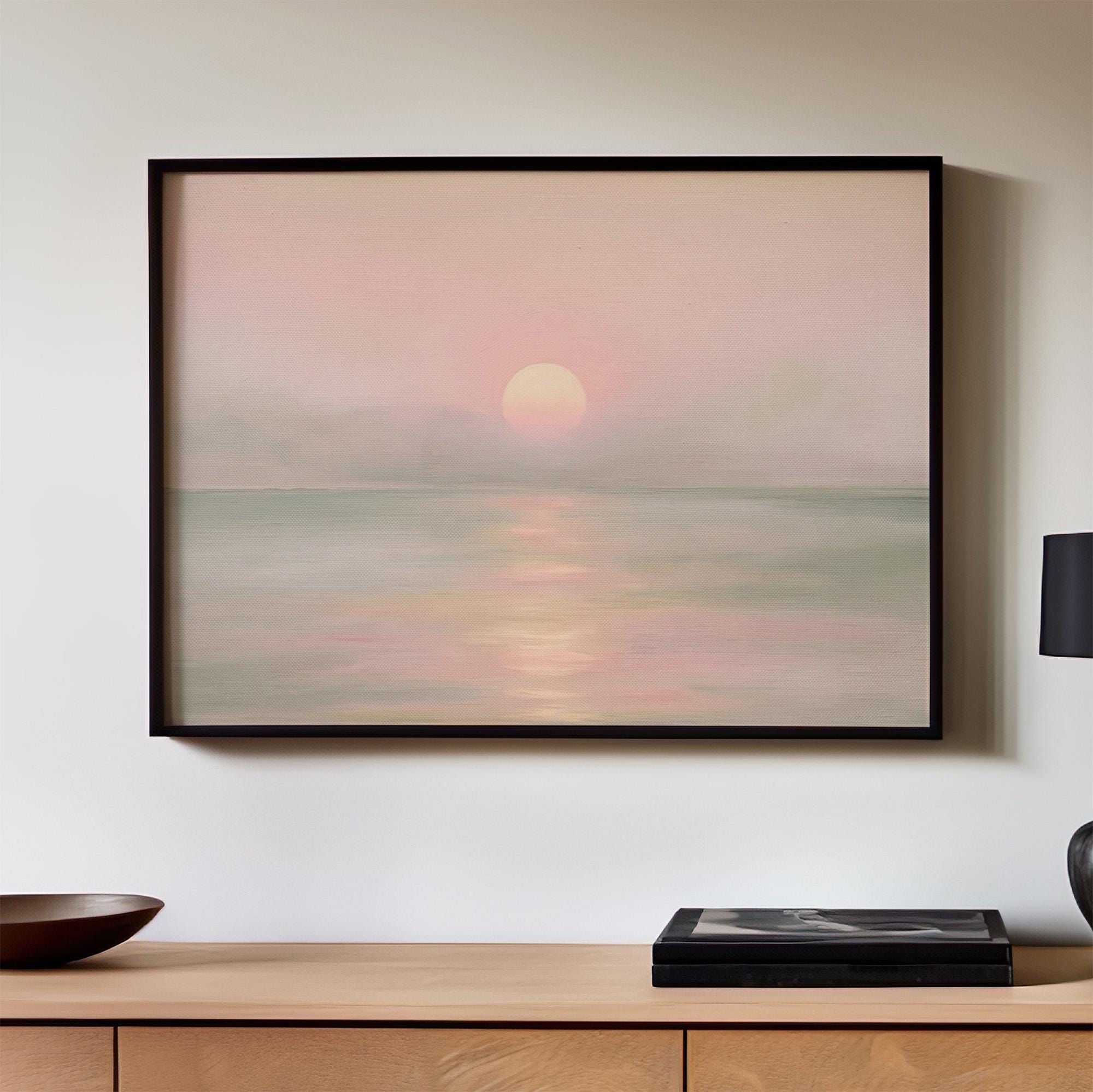 Large Framed Sunset Ocean Wall Art, Soft Pastel Pink Orange Coastal Landscape Canvas Print, Calm Sea Seascape Decor, ART