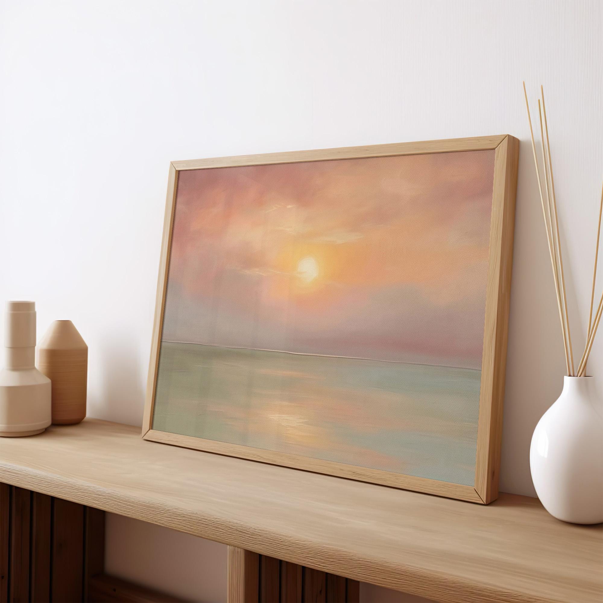 Pastel Sunset Seascape Wall Art, Framed Coastal Landscape Poster Print, Soft Pink Orange Ocean Decor, ART311