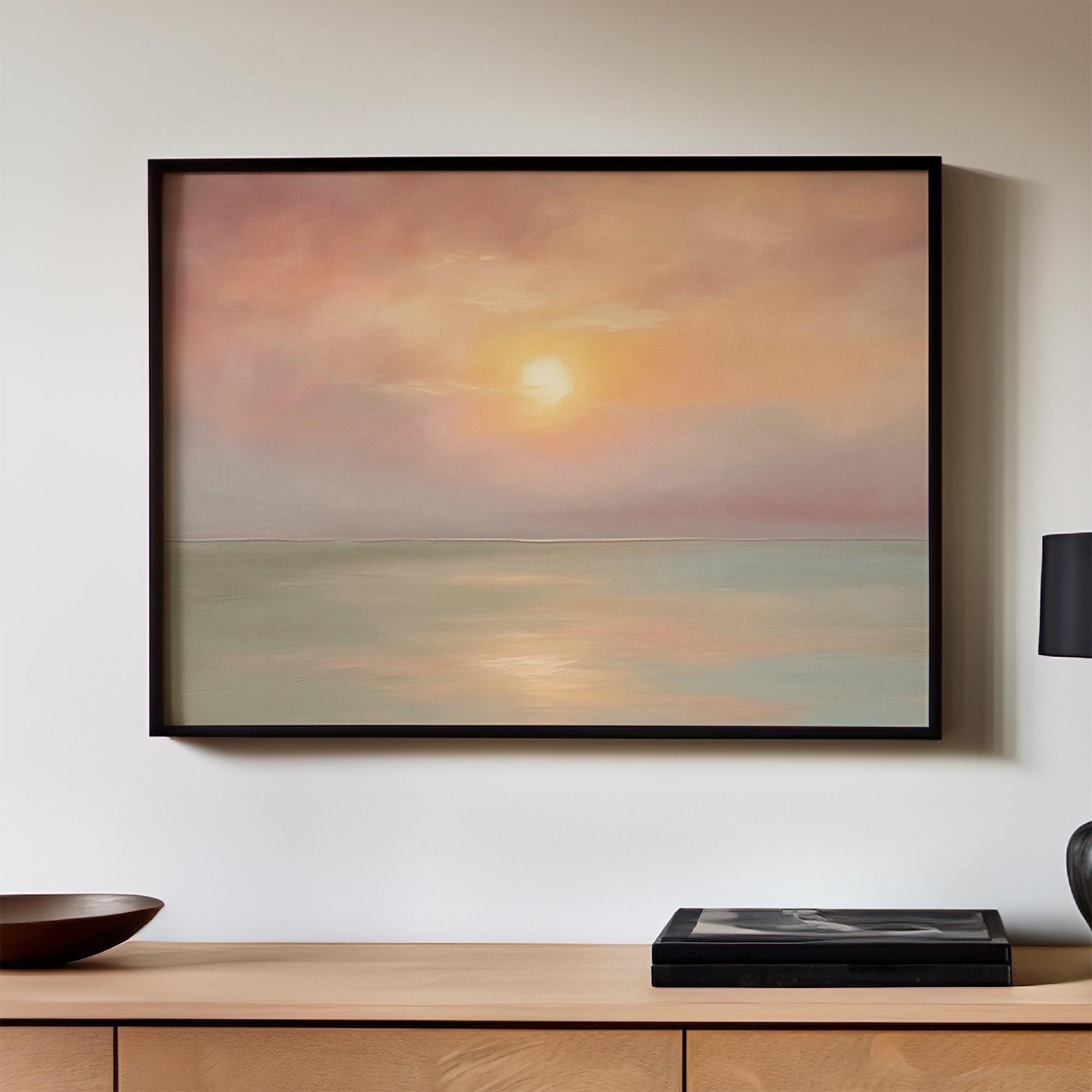 Pastel Sunset Seascape Wall Art, Framed Coastal Landscape Poster Print, Soft Pink Orange Ocean Decor, ART311
