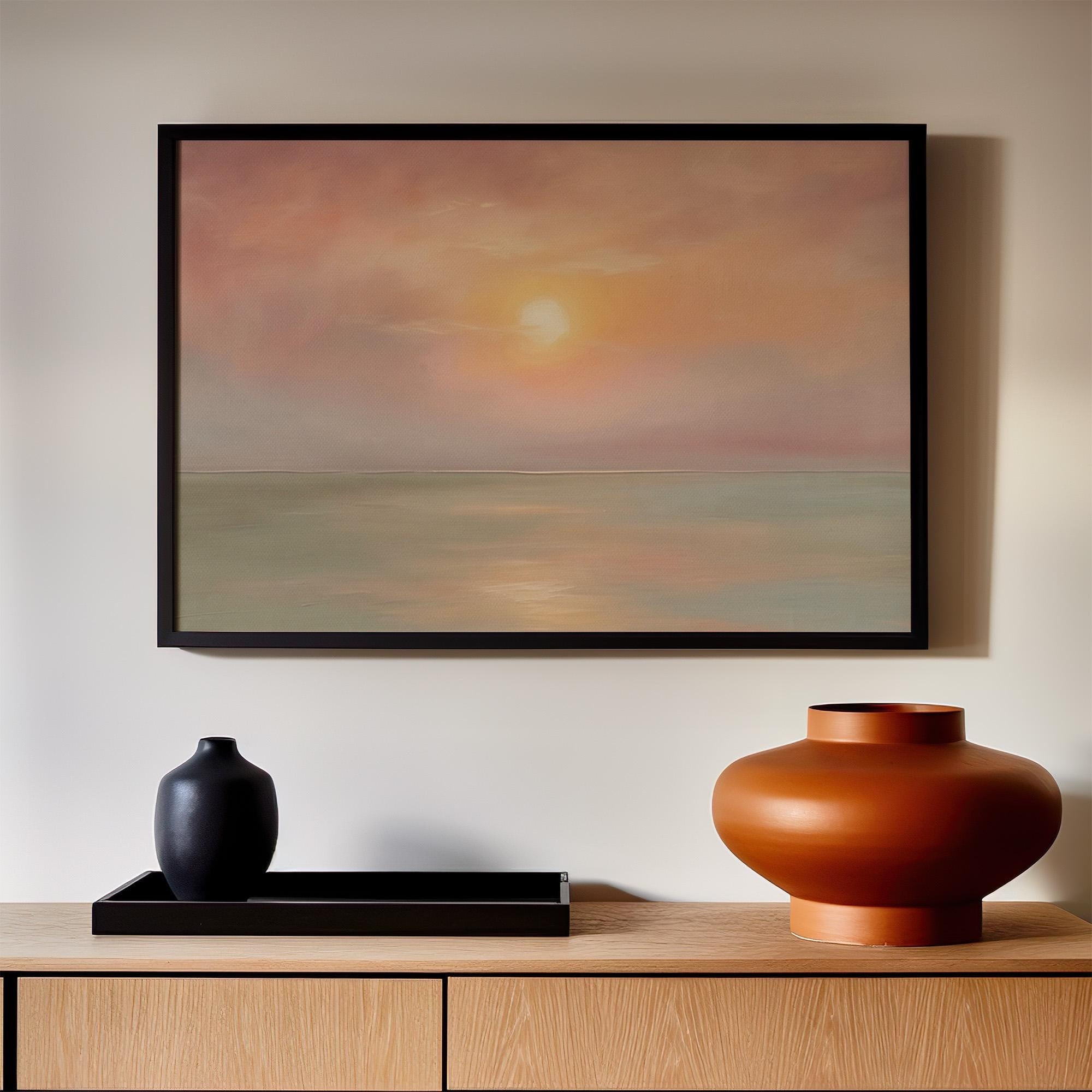 Pastel Sunset Seascape Wall Art, Framed Coastal Landscape Poster Print, Soft Pink Orange Ocean Decor, ART311