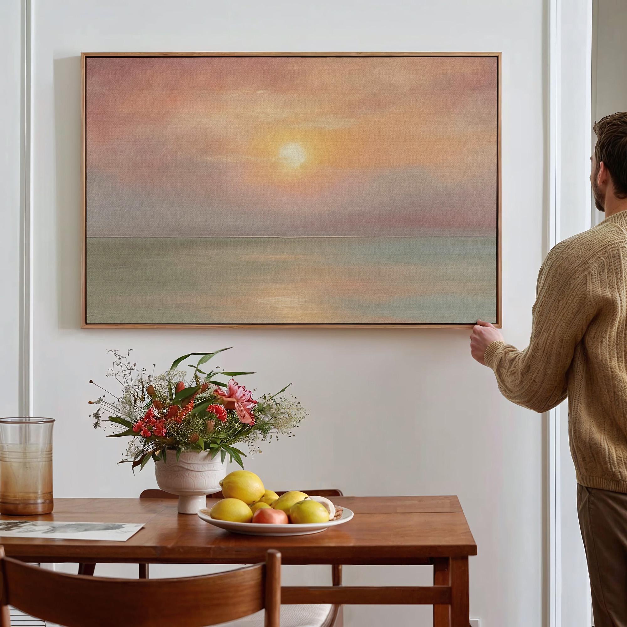 Pastel Sunset Seascape Wall Art, Framed Coastal Landscape Poster Print, Soft Pink Orange Ocean Decor, ART311