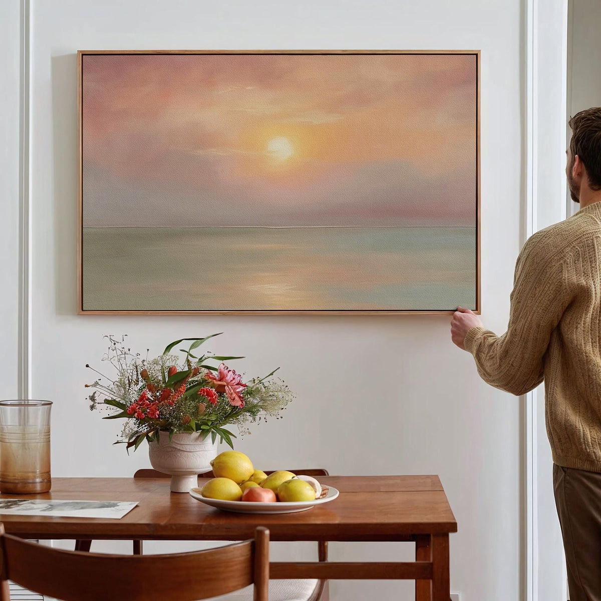 Pastel Sunset Seascape Wall Art, Framed Coastal Landscape Poster Print, Soft Pink Orange Ocean Decor, ART311