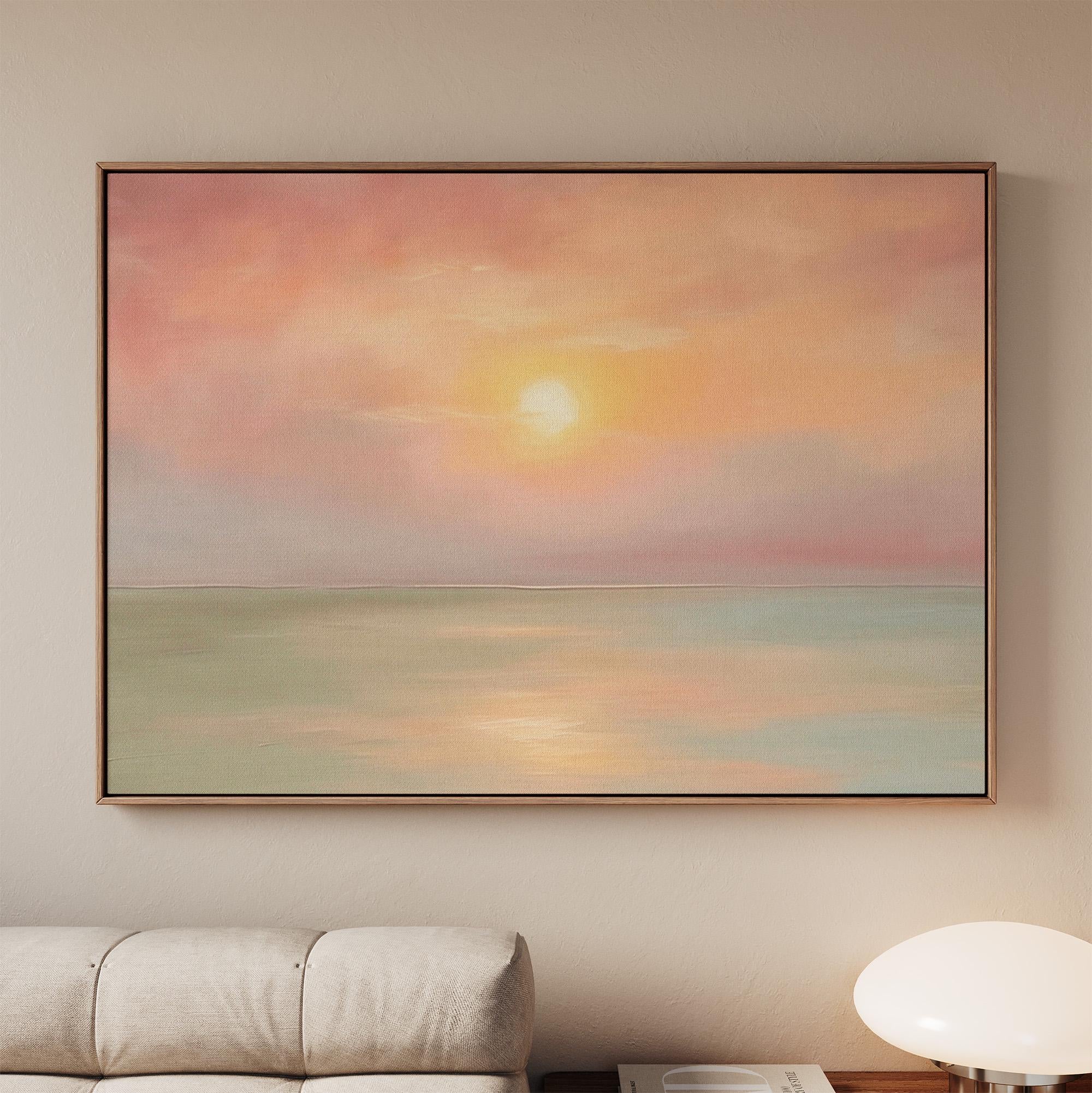 Pastel Sunset Seascape Wall Art, Framed Coastal Landscape Poster Print, Soft Pink Orange Ocean Decor, ART311