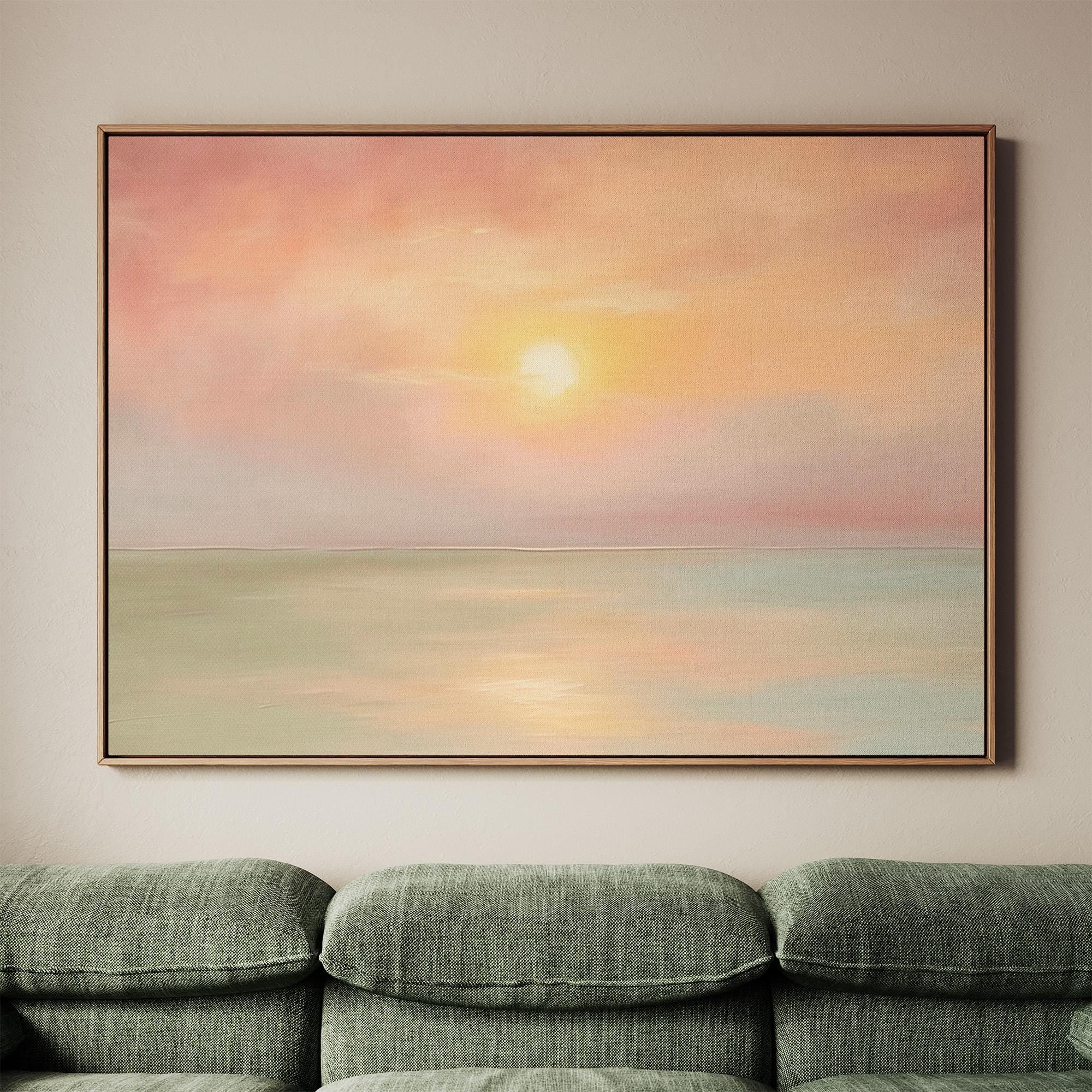 Pastel Sunset Seascape Wall Art, Framed Coastal Landscape Poster Print, Soft Pink Orange Ocean Decor, ART311