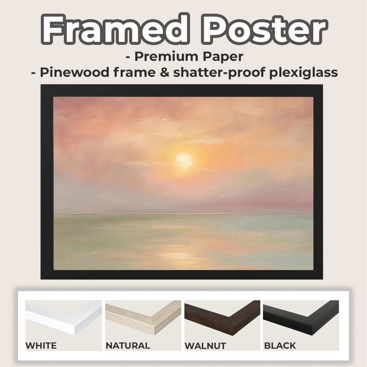 Pastel Sunset Seascape Wall Art, Framed Coastal Landscape Poster Print, Soft Pink Orange Ocean Decor, ART311