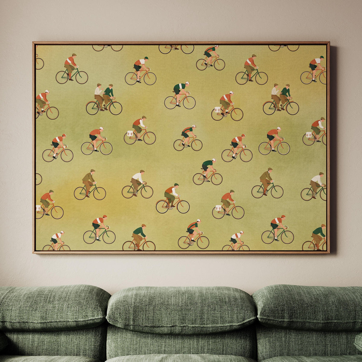 Bicycle Riders Art Print, Framed Canvas Wall Decor, Green Background, Stylish Athletic Decor, ART163