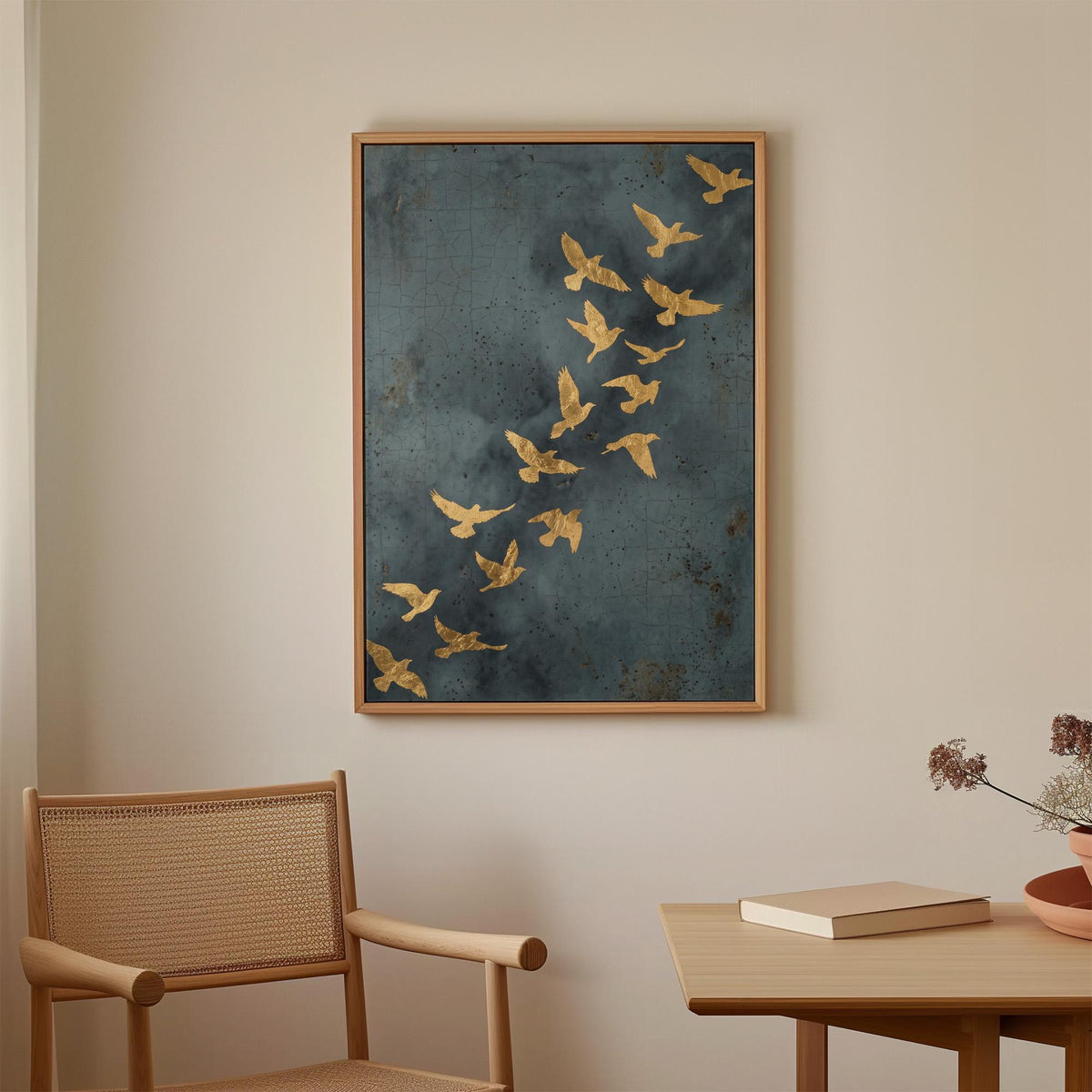 Flock of Flying Birds Gold Framed Canvas Wall Art, Minimalist Spiritual Home Decor, Modern Japandi Golden Artwork, ART97