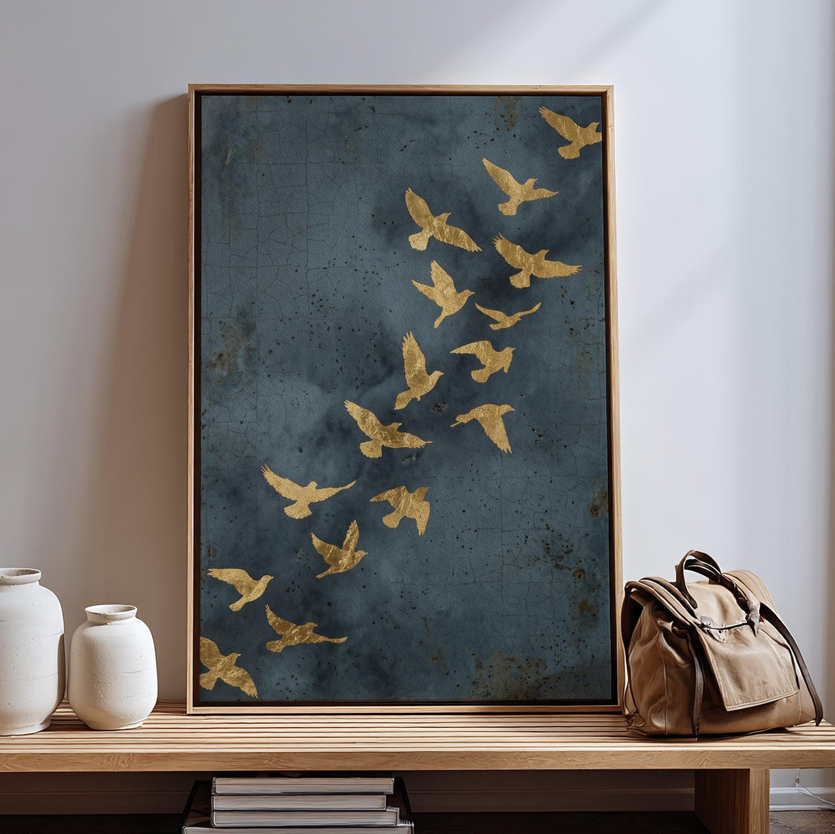 Flock of Flying Birds Gold Framed Canvas Wall Art, Minimalist Spiritual Home Decor, Modern Japandi Golden Artwork, ART97