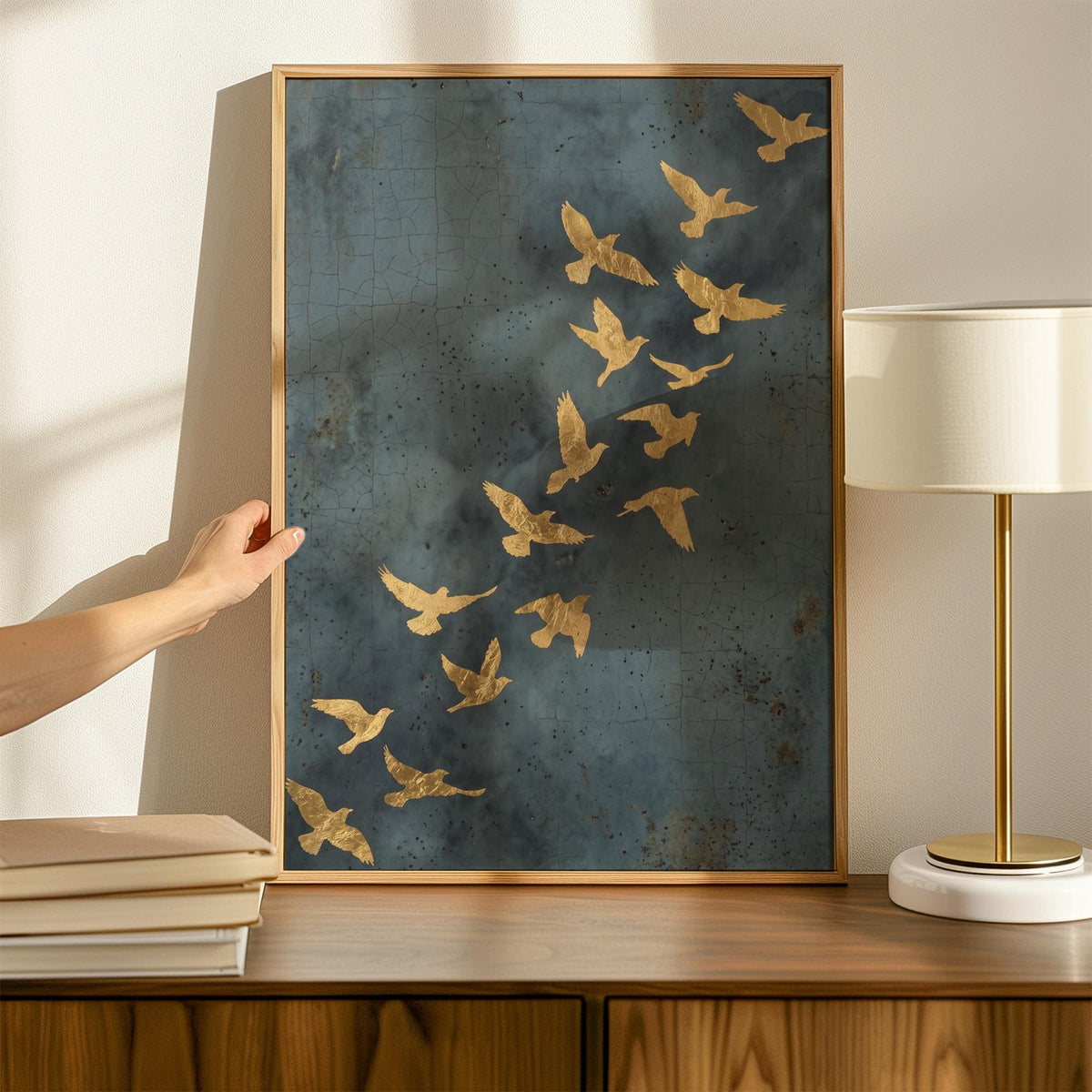Flock of Flying Birds Gold Framed Canvas Wall Art, Minimalist Spiritual Home Decor, Modern Japandi Golden Artwork, ART97