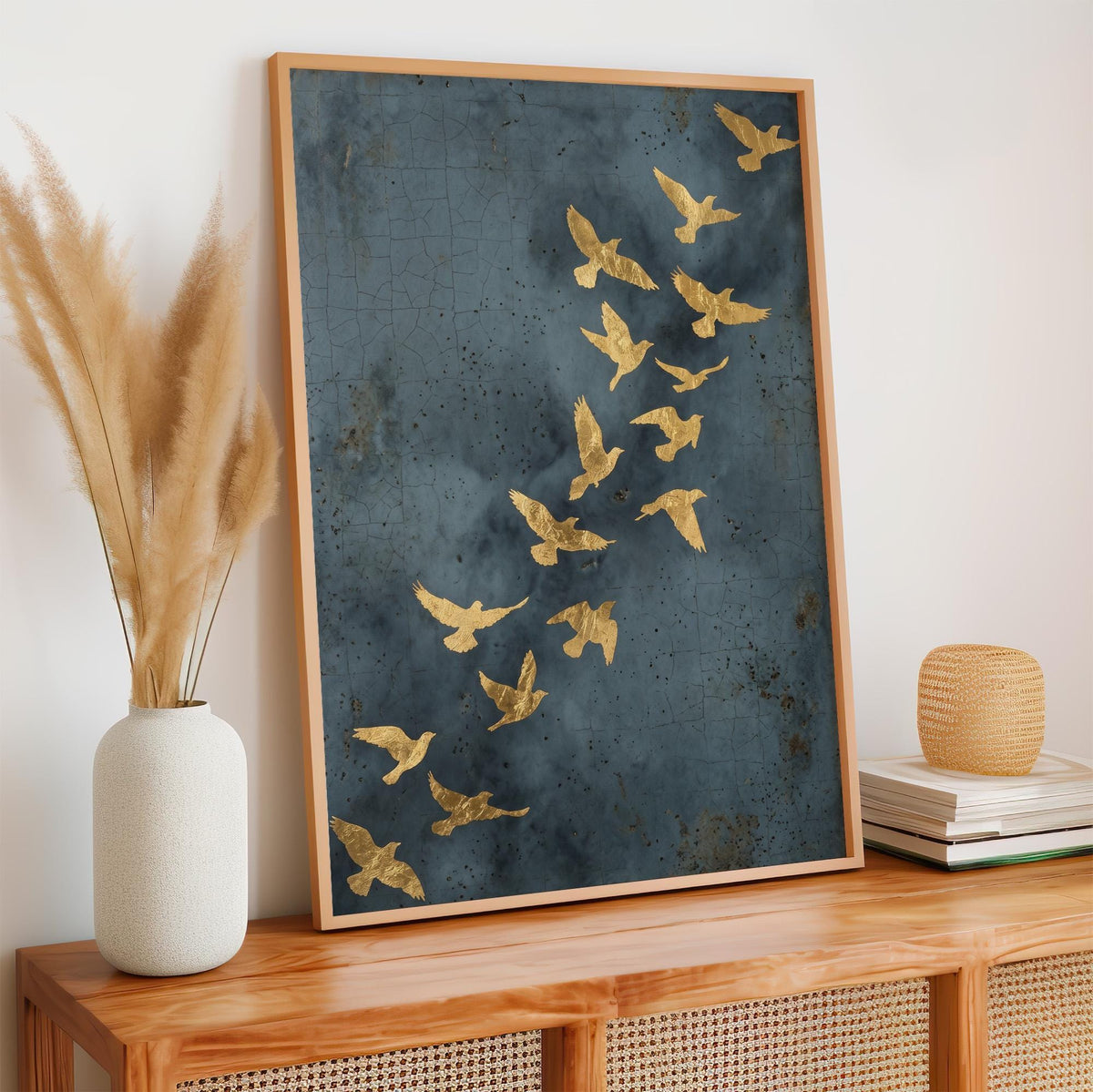 Flock of Flying Birds Gold Framed Canvas Wall Art, Minimalist Spiritual Home Decor, Modern Japandi Golden Artwork, ART97