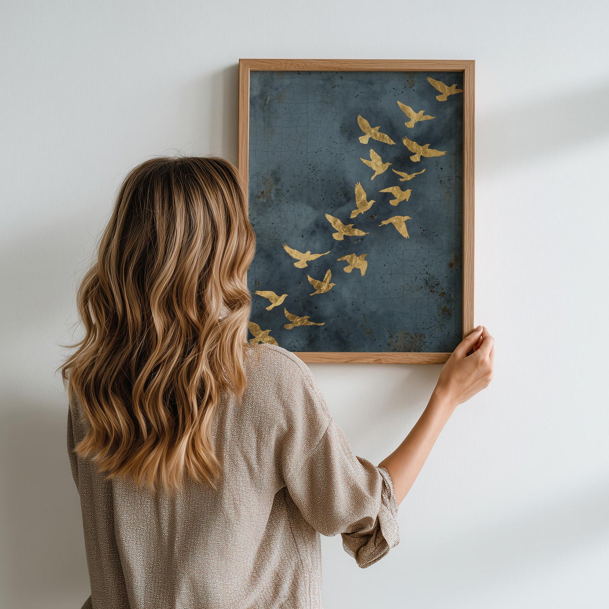 Flock of Flying Birds Gold Framed Canvas Wall Art, Minimalist Spiritual Home Decor, Modern Japandi Golden Artwork, ART97