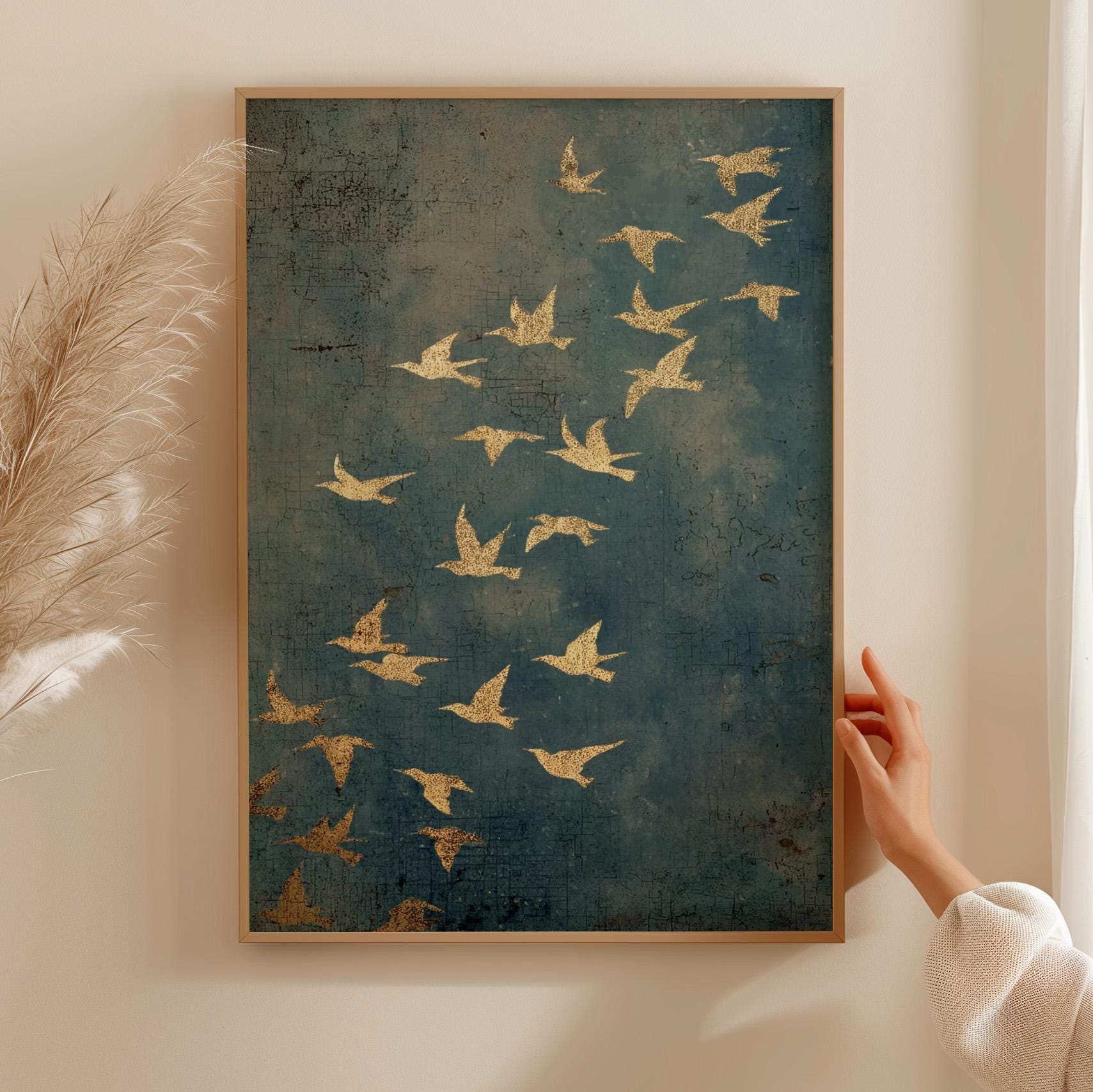 Gold Framed Flying Birds Wall Art, Minimalist Spiritual Canvas Print, Modern Japandi Abstract Home Decor, ART97