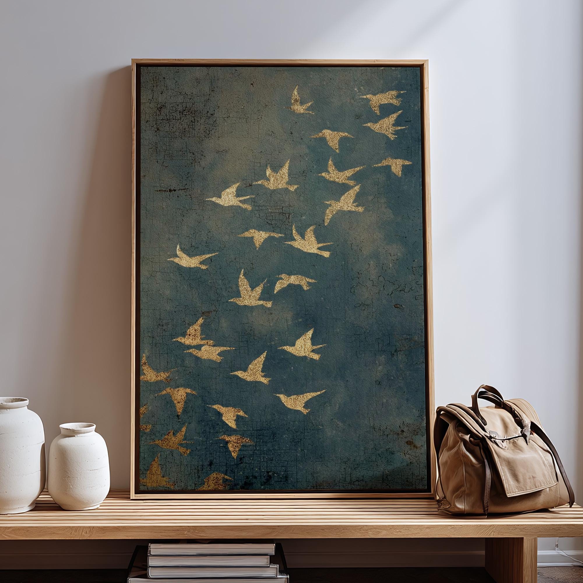Gold Framed Flying Birds Wall Art, Minimalist Spiritual Canvas Print, Modern Japandi Abstract Home Decor, ART97