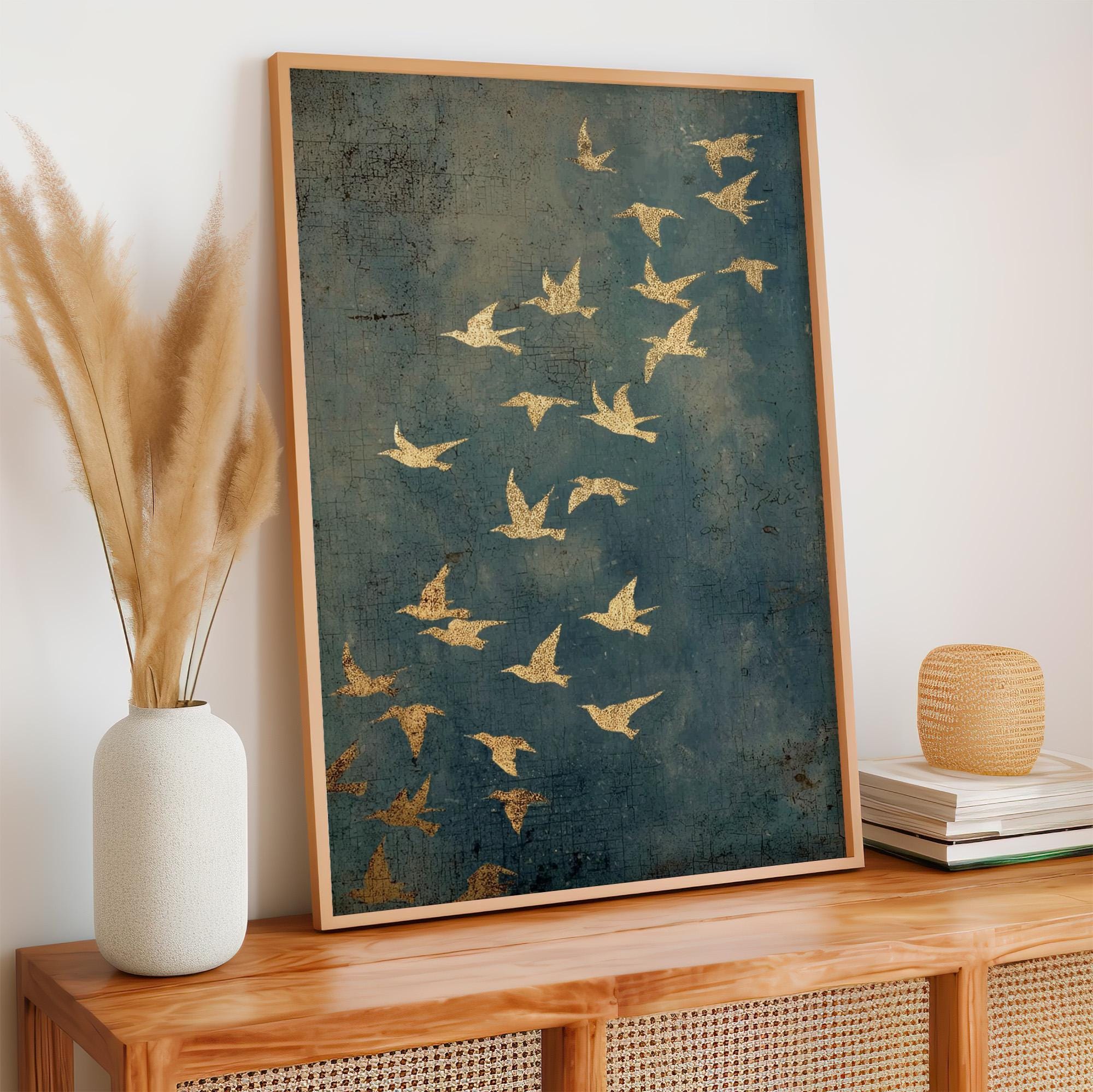 Gold Framed Flying Birds Wall Art, Minimalist Spiritual Canvas Print, Modern Japandi Abstract Home Decor, ART97