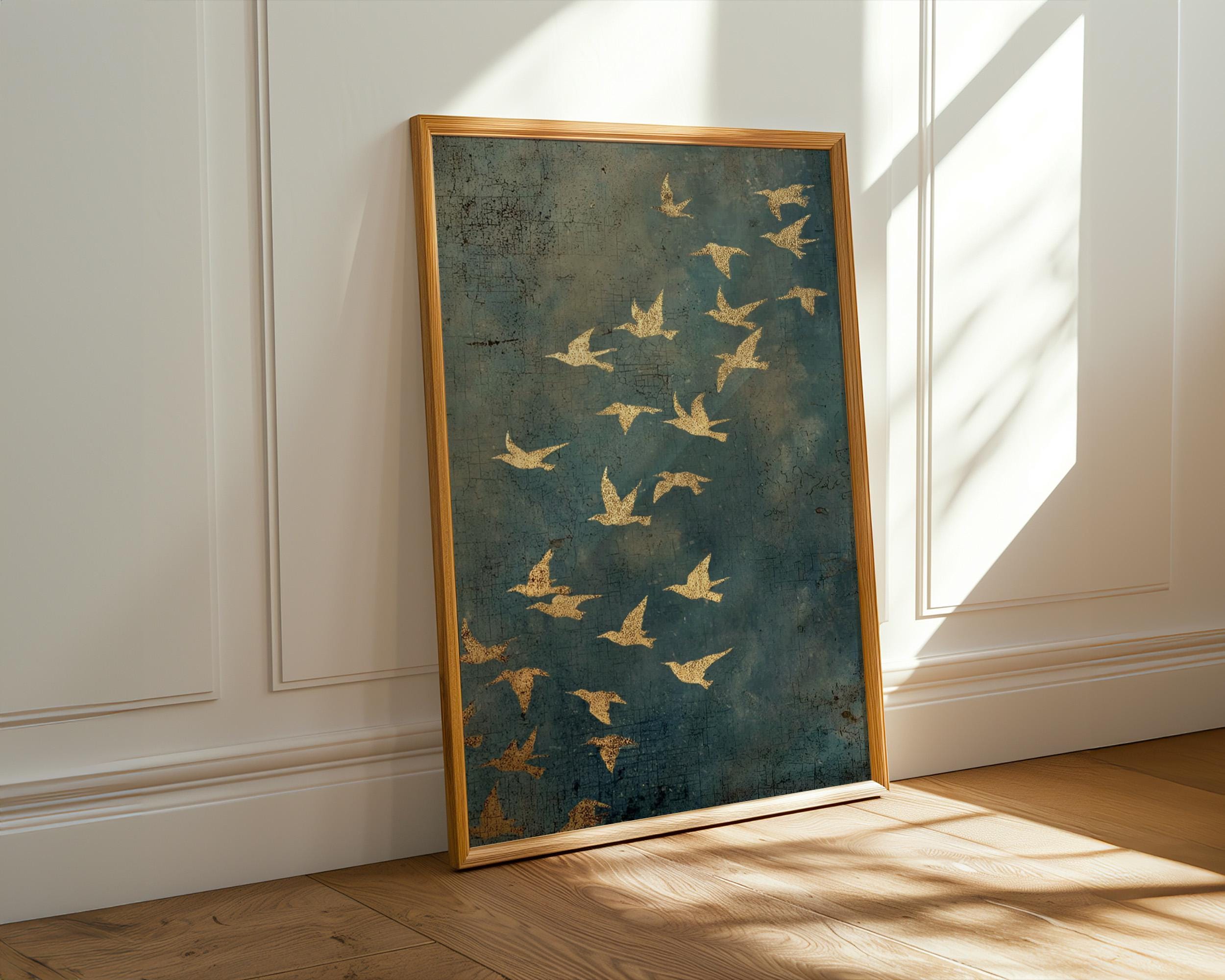 Gold Framed Flying Birds Wall Art, Minimalist Spiritual Canvas Print, Modern Japandi Abstract Home Decor, ART97