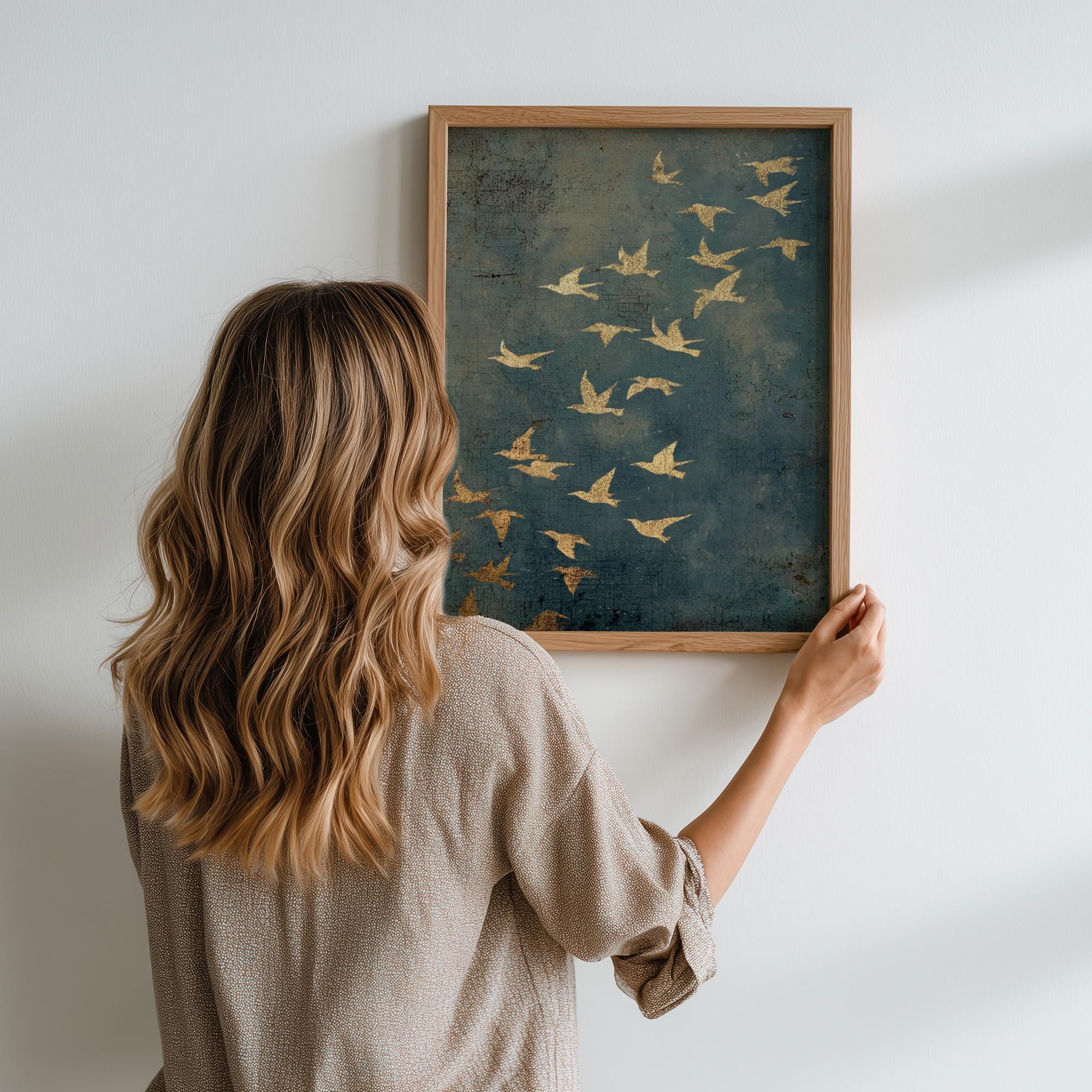 Gold Framed Flying Birds Wall Art, Minimalist Spiritual Canvas Print, Modern Japandi Abstract Home Decor, ART97