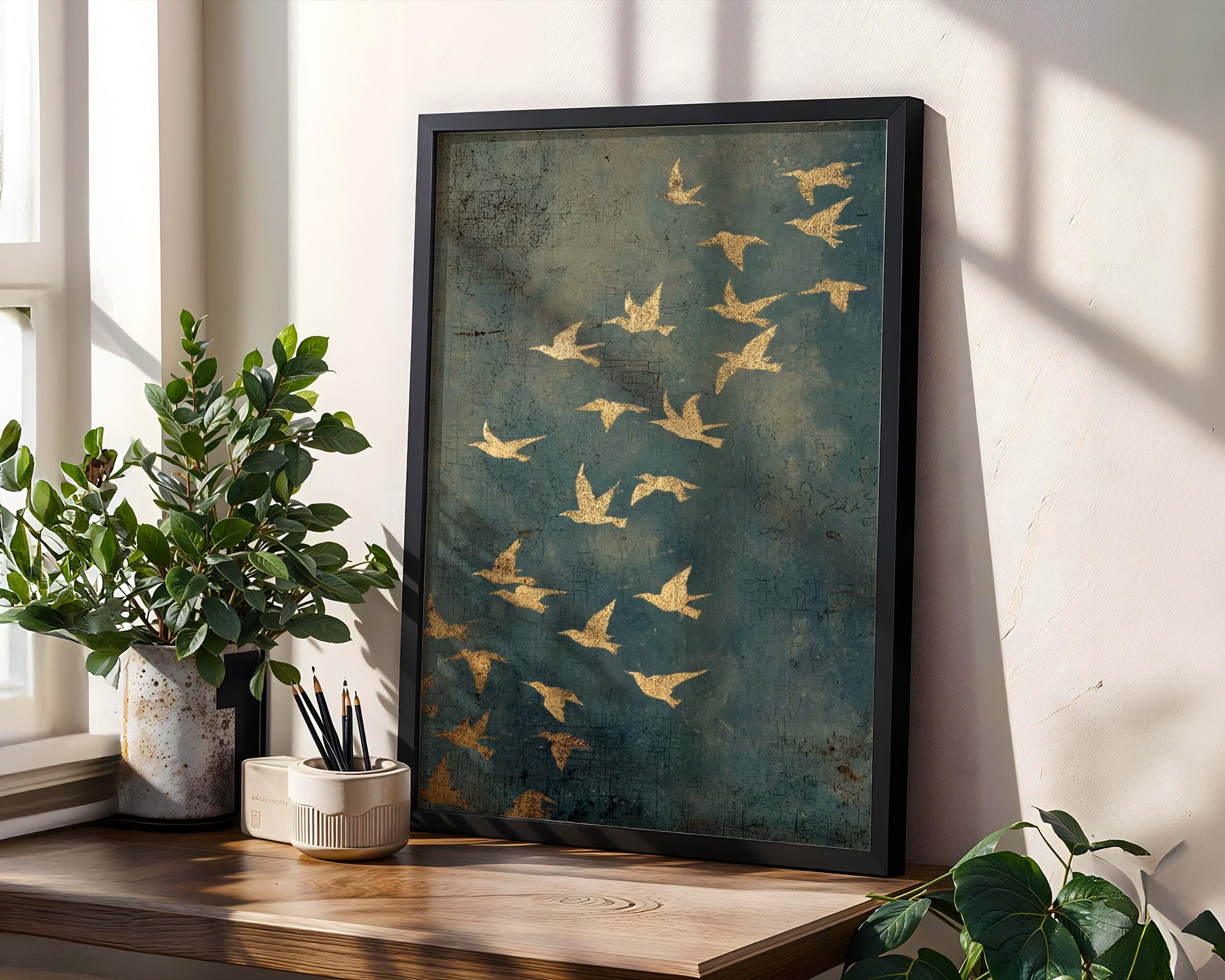 Gold Framed Flying Birds Wall Art, Minimalist Spiritual Canvas Print, Modern Japandi Abstract Home Decor, ART97