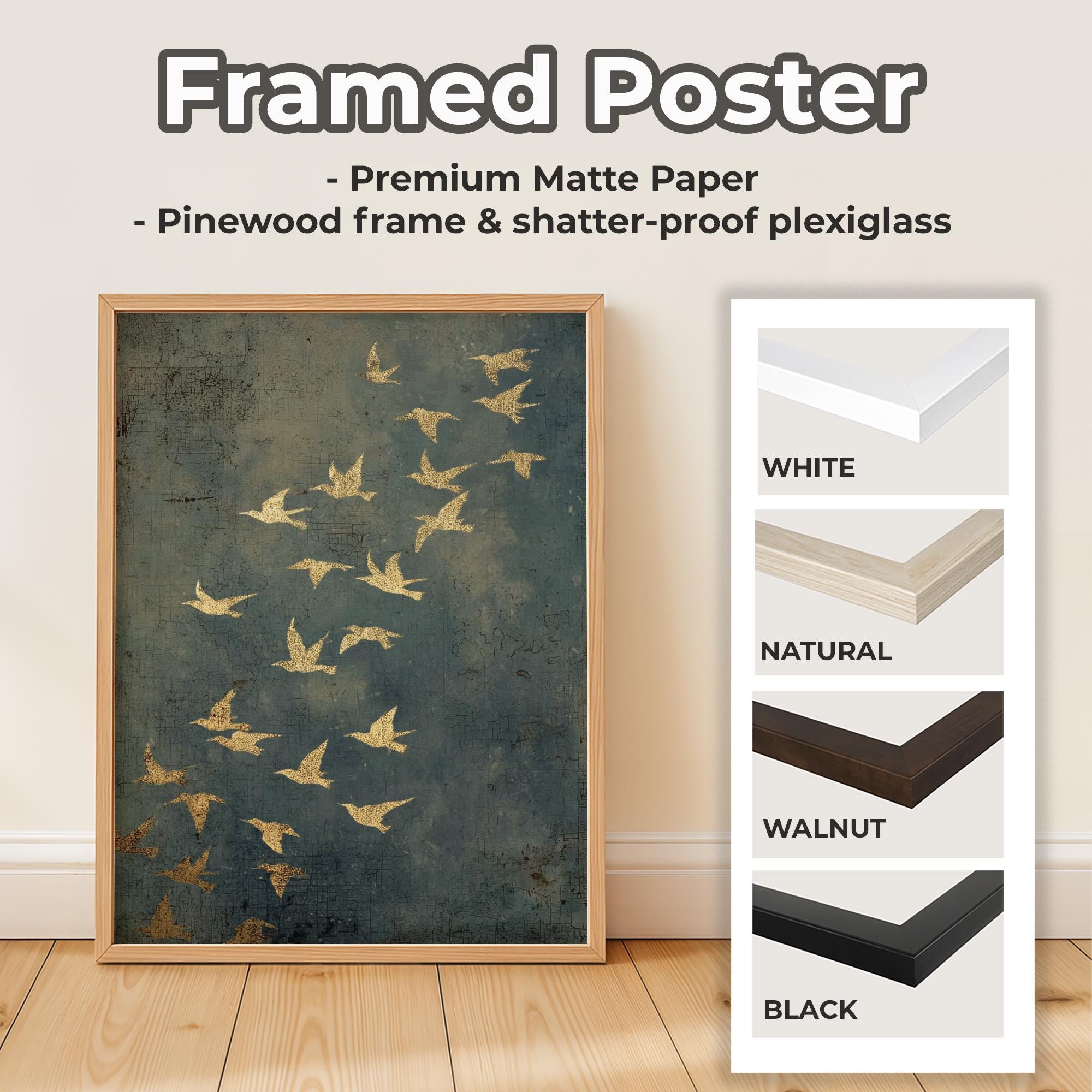 Gold Framed Flying Birds Wall Art, Minimalist Spiritual Canvas Print, Modern Japandi Abstract Home Decor, ART97