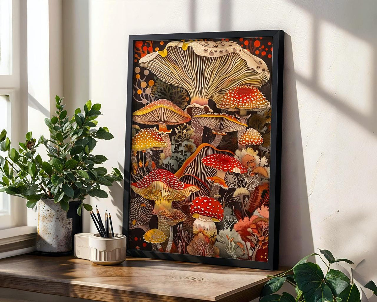 Mushroom Wall Art Framed Canvas Print, Botanical Kitchen Decor, Earthy Rustic Fungi Artwork, Nature Inspired Gift for Mu