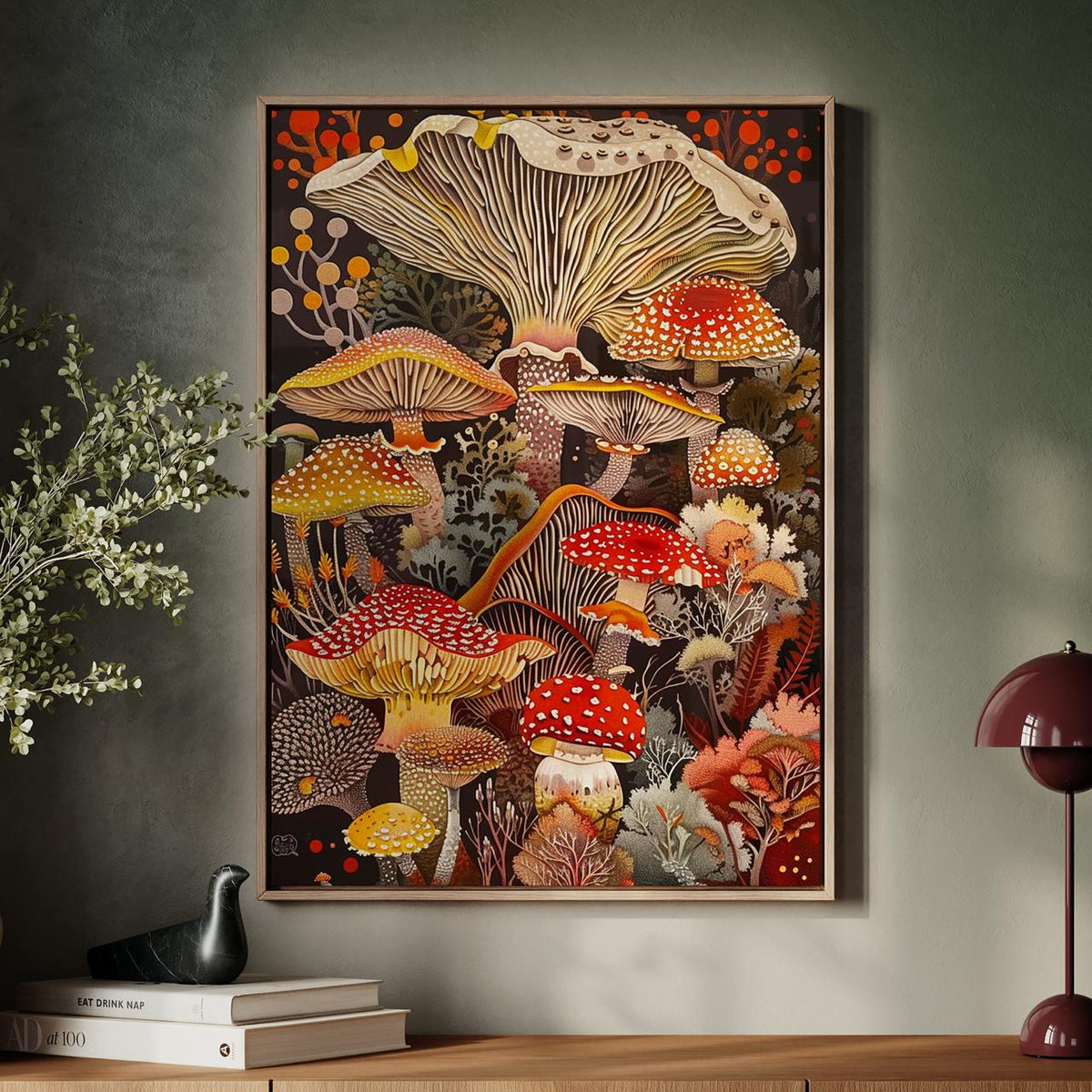 Mushroom Wall Art Framed Canvas Print, Botanical Kitchen Decor, Earthy Rustic Fungi Artwork, Nature Inspired Gift for Mu