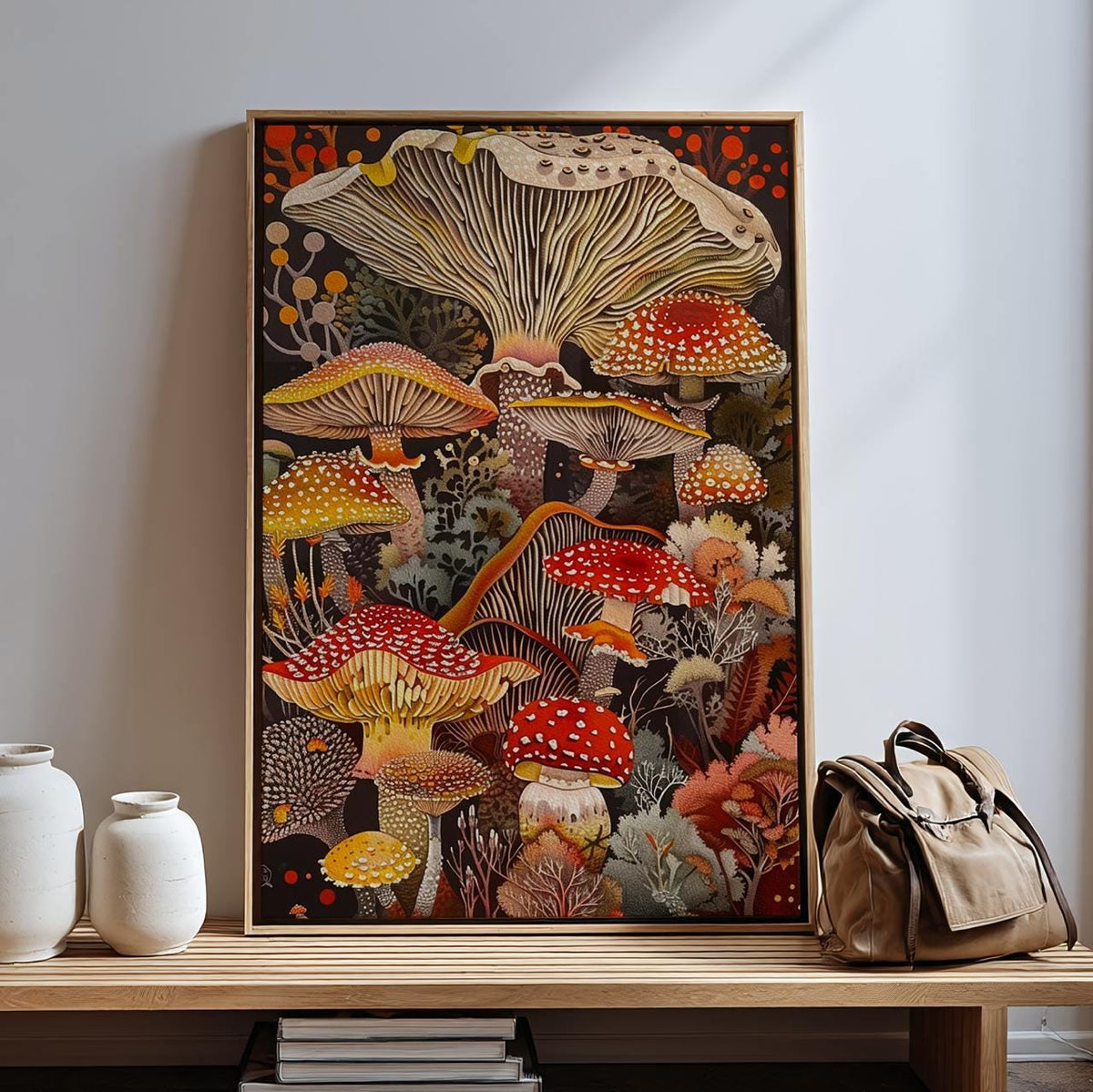 Mushroom Wall Art Framed Canvas Print, Botanical Kitchen Decor, Earthy Rustic Fungi Artwork, Nature Inspired Gift for Mu