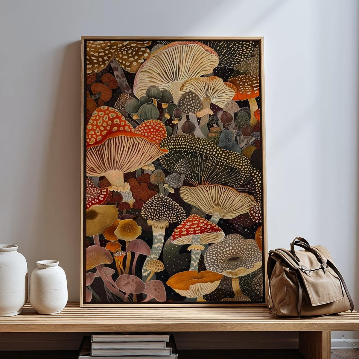 Botanical Mushroom Wall Art, Framed Canvas Print for Kitchen Decor, Rustic Earthy Fungi Artwork, Nature Inspired Gift, A