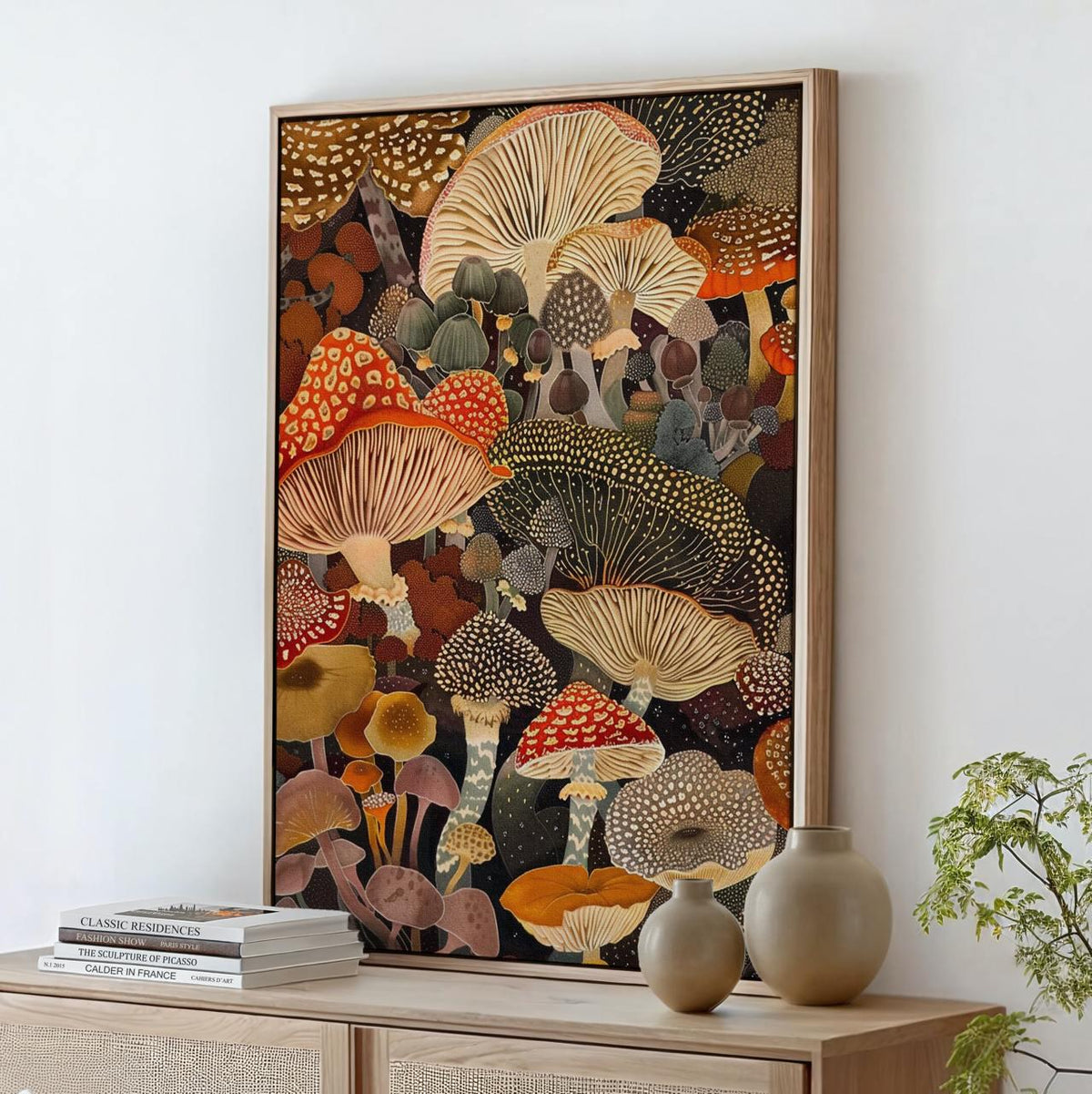 Botanical Mushroom Wall Art, Framed Canvas Print for Kitchen Decor, Rustic Earthy Fungi Artwork, Nature Inspired Gift, A