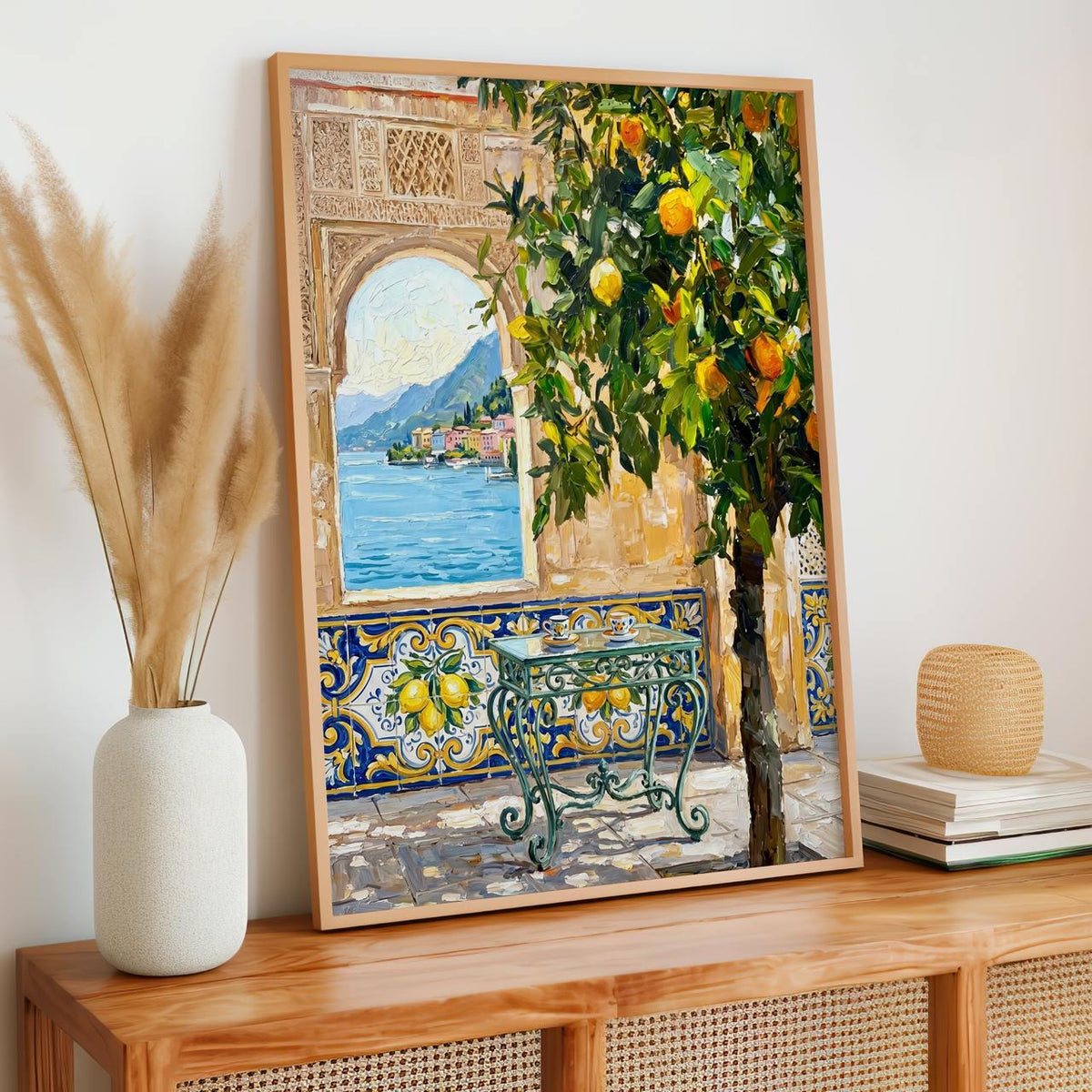 Moroccan Wall Decor, Mediterranean Courtyard Art Print with Orange Tree, Vibrant Moroccan Inspired Wall Art, Exotic Pati