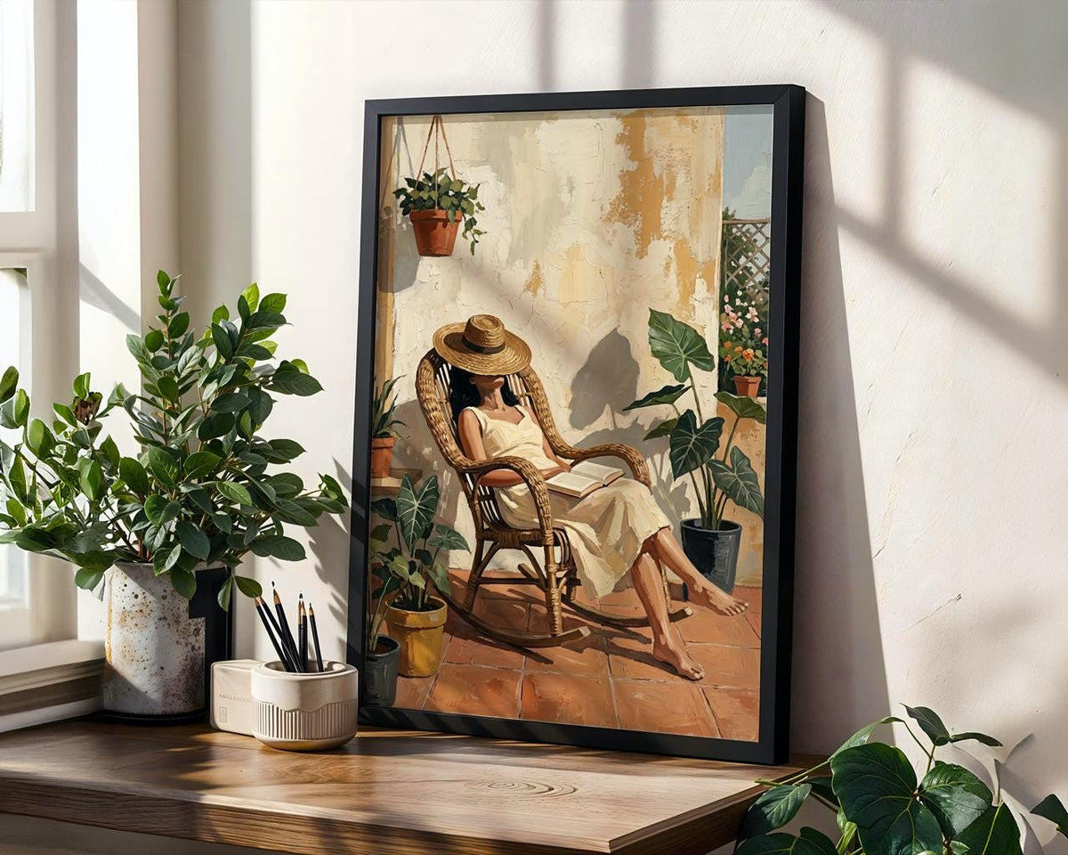 Terracotta Woman Reading Painting, Minimalist Balcony Scene Illustration, Cozy Book Lover Wall Art, ART353