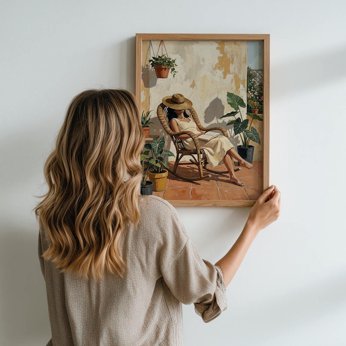 Terracotta Woman Reading Painting, Minimalist Balcony Scene Illustration, Cozy Book Lover Wall Art, ART353
