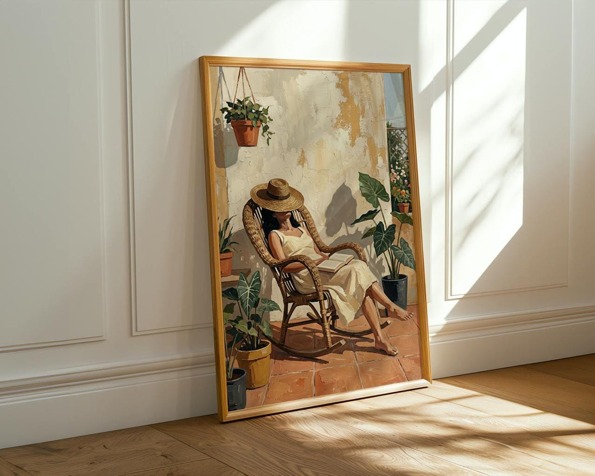 Terracotta Woman Reading Painting, Minimalist Balcony Scene Illustration, Cozy Book Lover Wall Art, ART353