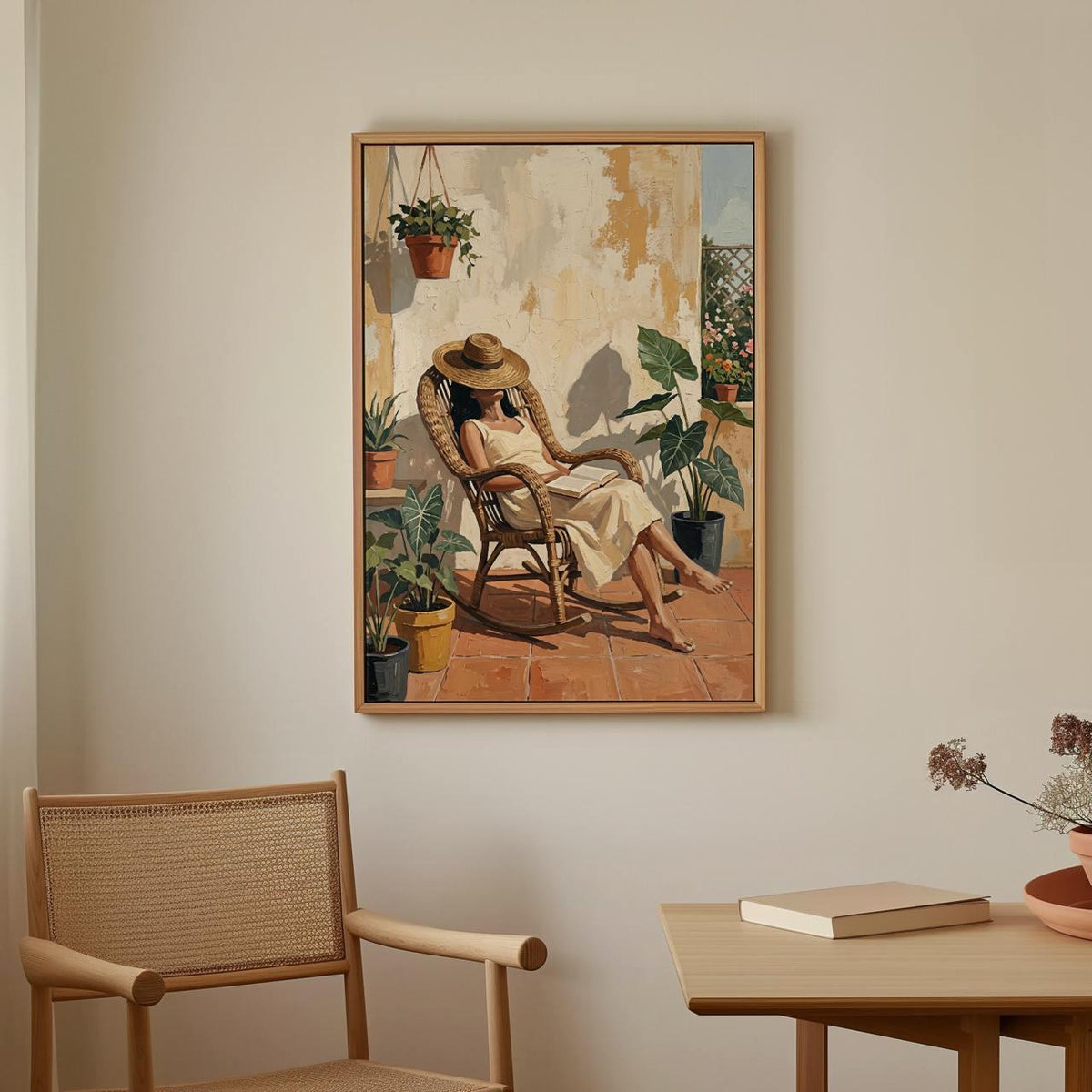 Terracotta Woman Reading Painting, Minimalist Balcony Scene Illustration, Cozy Book Lover Wall Art, ART353